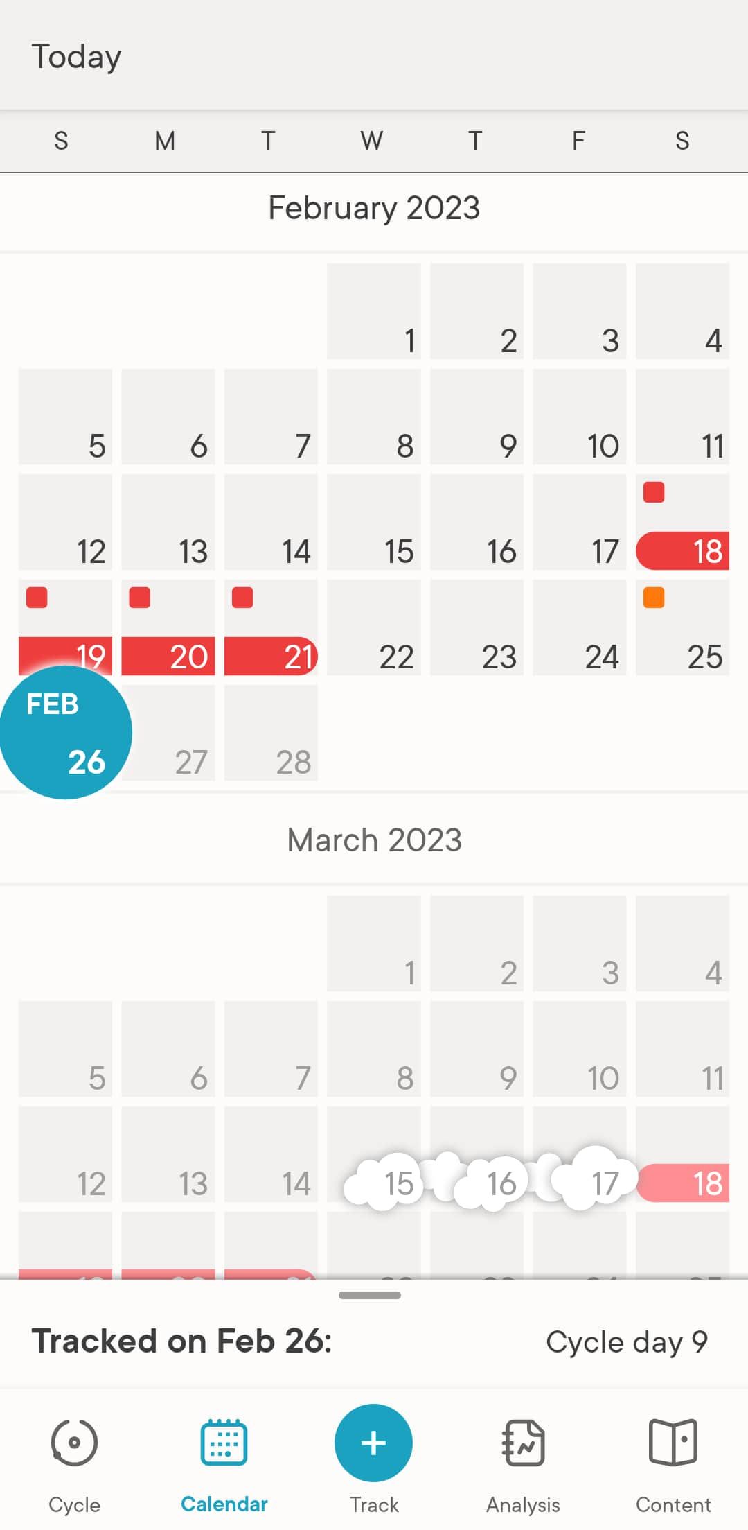 Menu kalender di aplikasi pelacak periode Clue