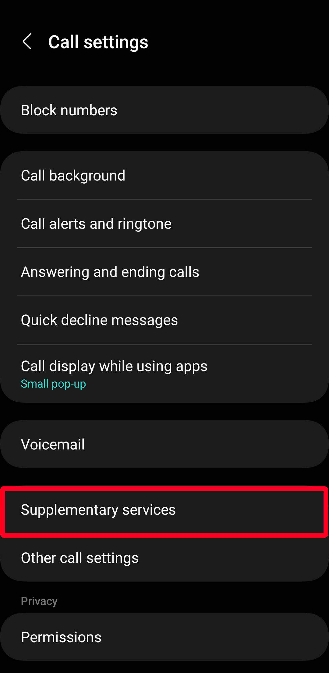 Menu pengaturan panggilan di aplikasi Samsung Phone
