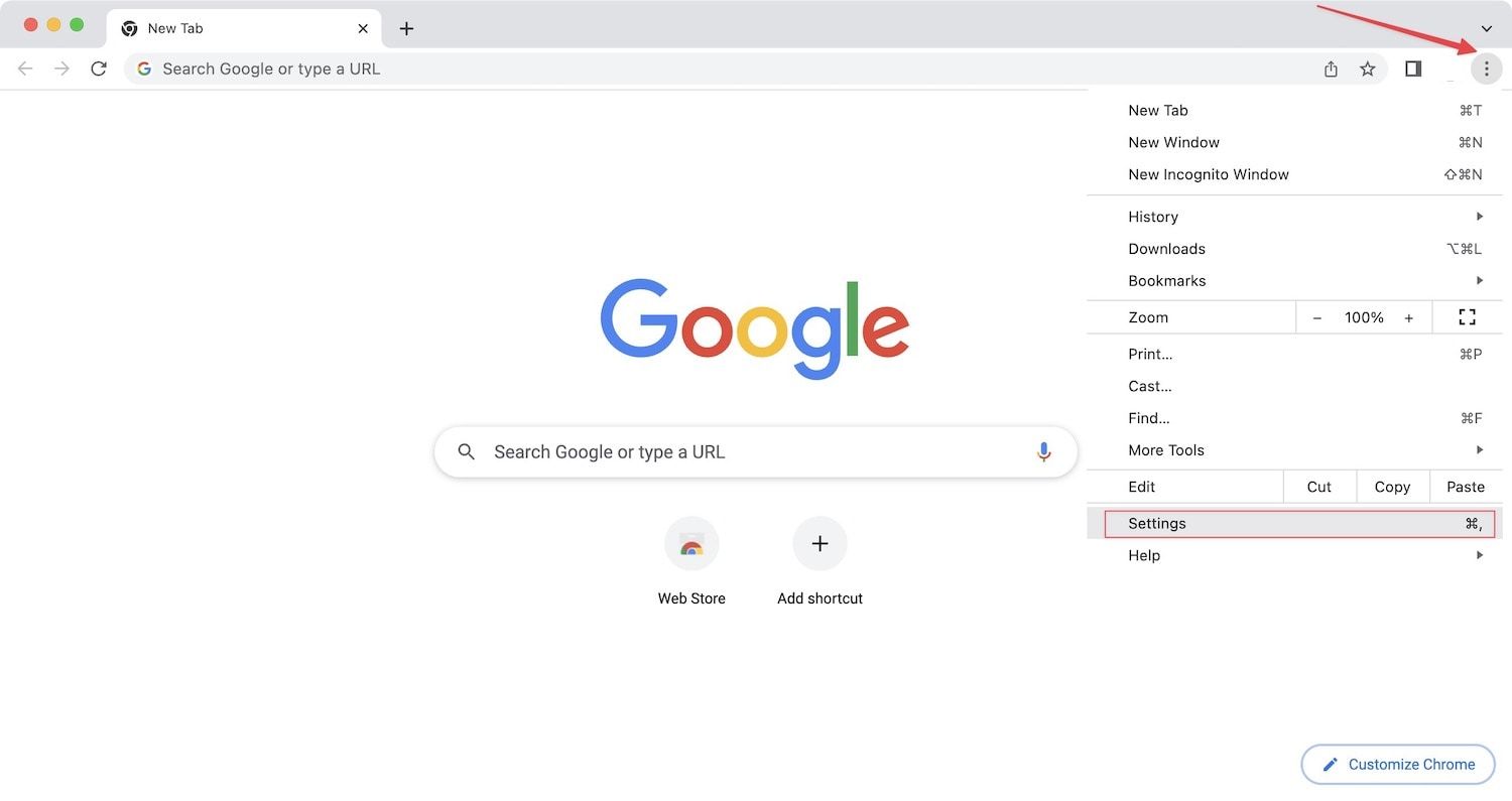 Tangkapan layar setelan Google Chrome