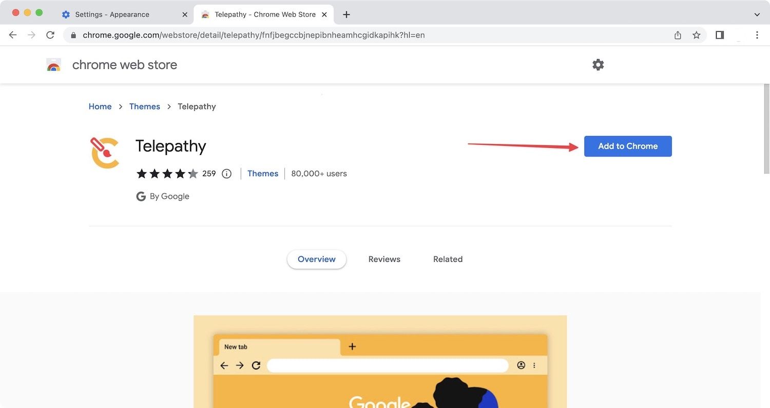 Cuplikan layar menunjukkan cara menerapkan tema Google Chrome