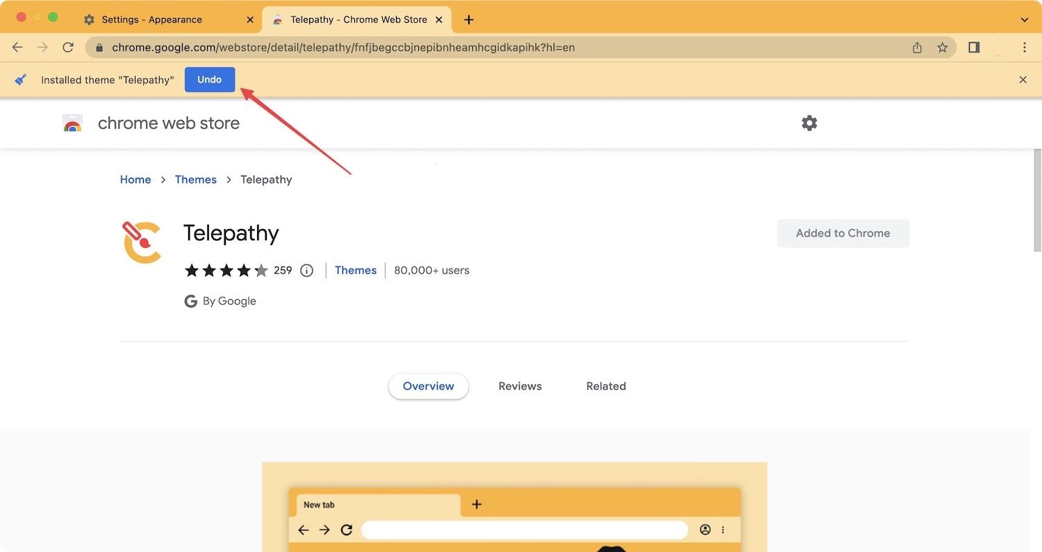 Cuplikan layar menunjukkan cara membatalkan tema Chrome