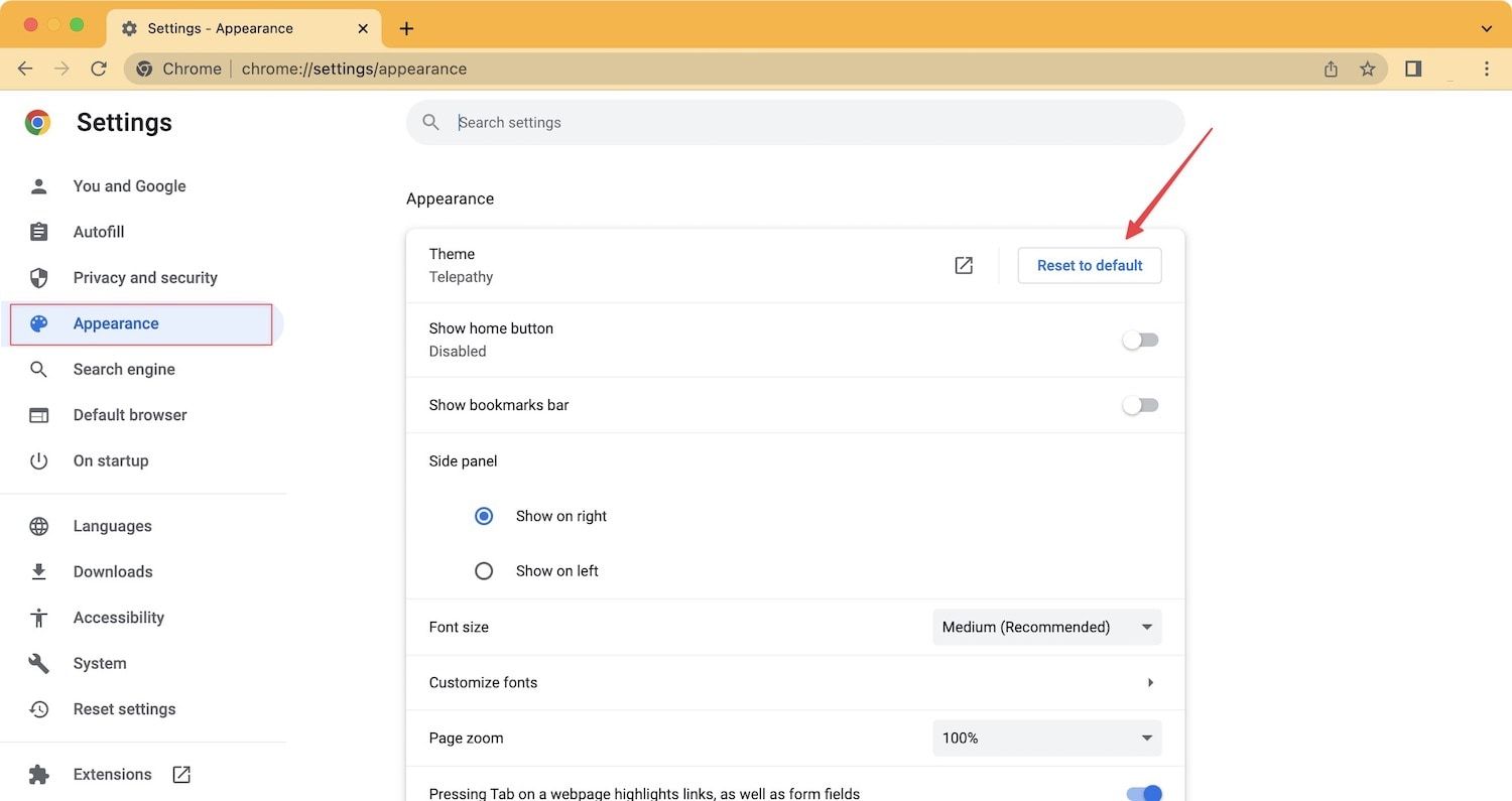 Tangkapan layar pengaturan Tampilan Google Chrome menunjukkan cara mengatur ulang ke default