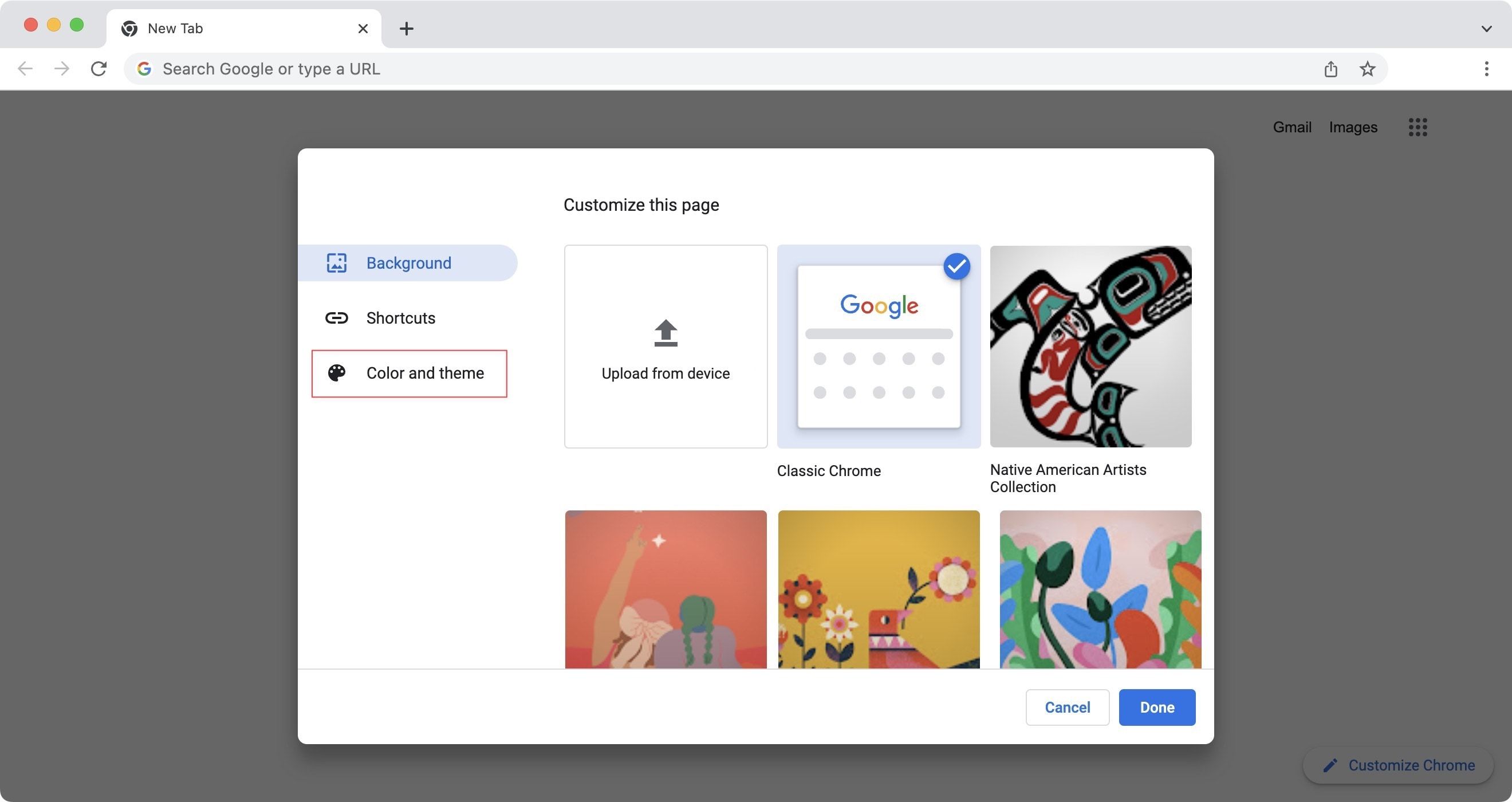 Tangkapan layar Chrome menampilkan opsi warna dan tema