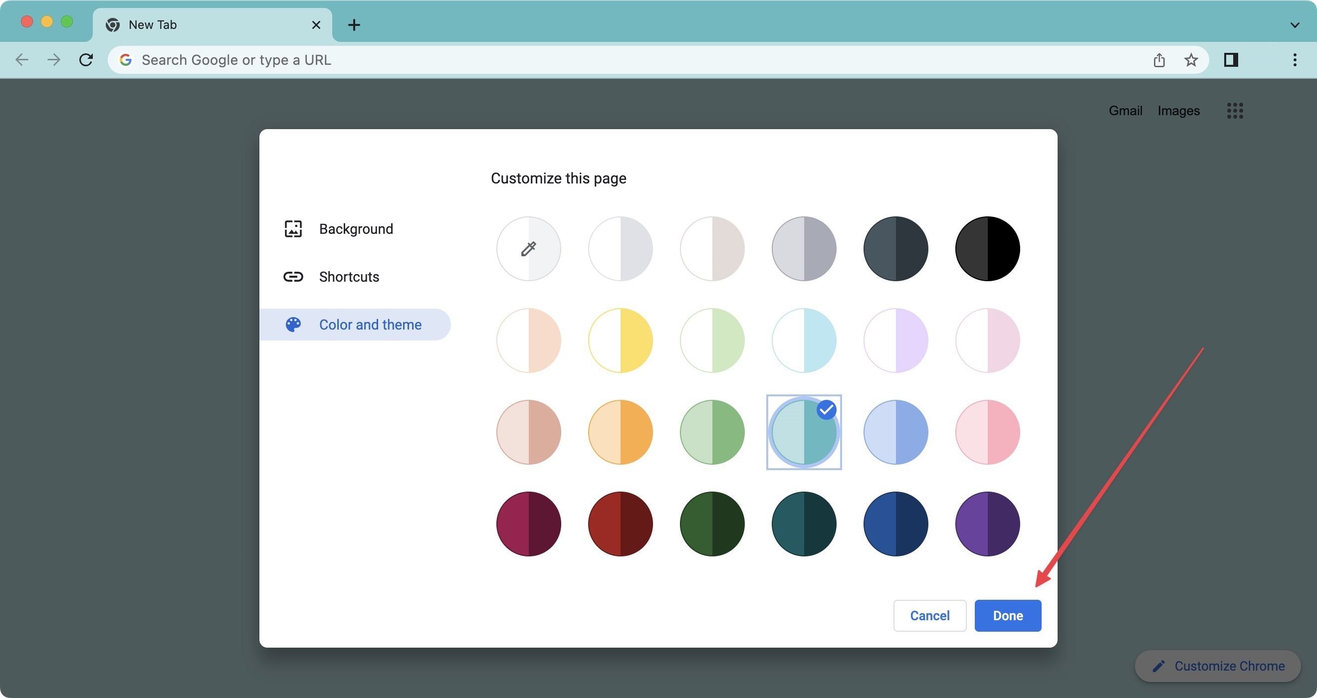 Tangkapan layar Google chrome menunjukkan cara memilih tema warna