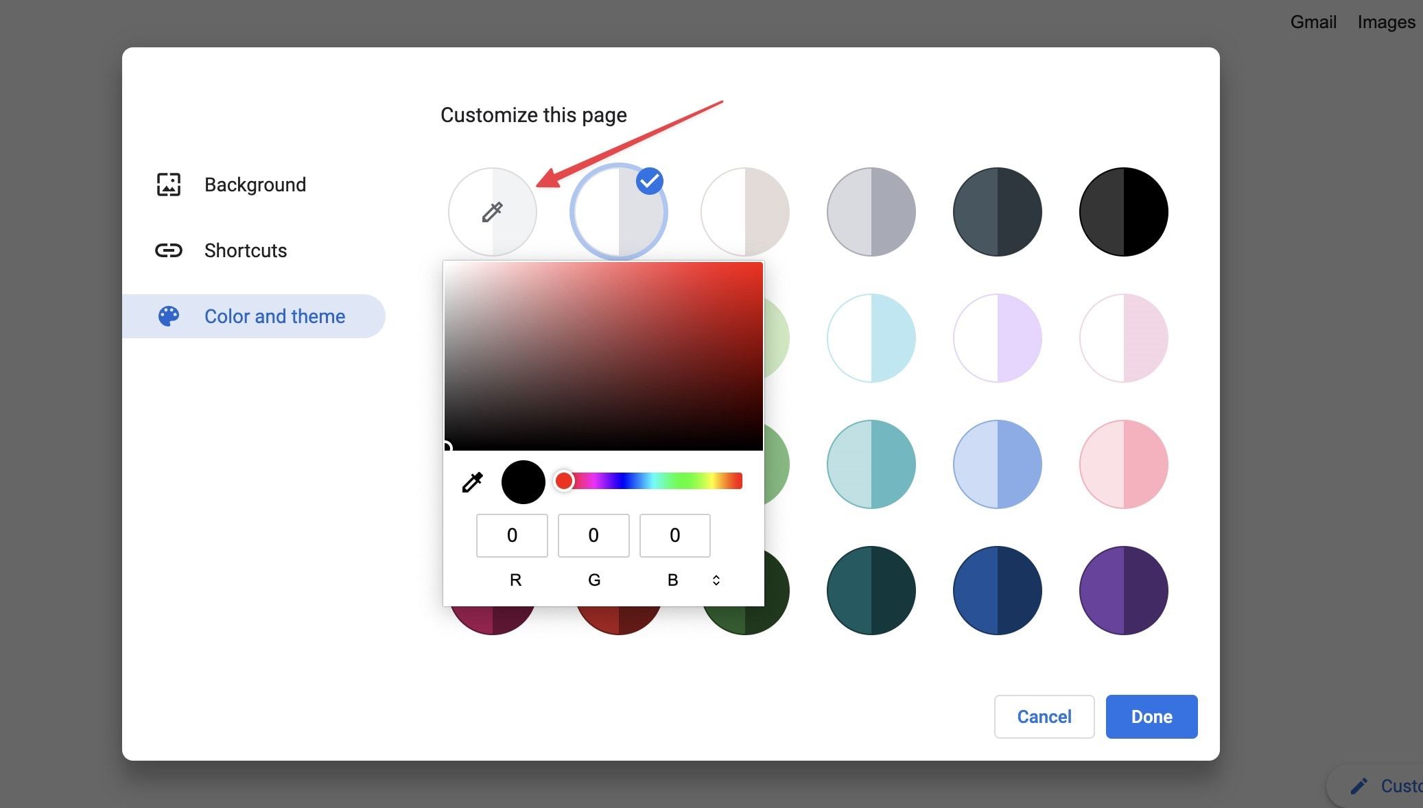 Tangkapan layar Chrome menunjukkan pembuatan tema warna khusus