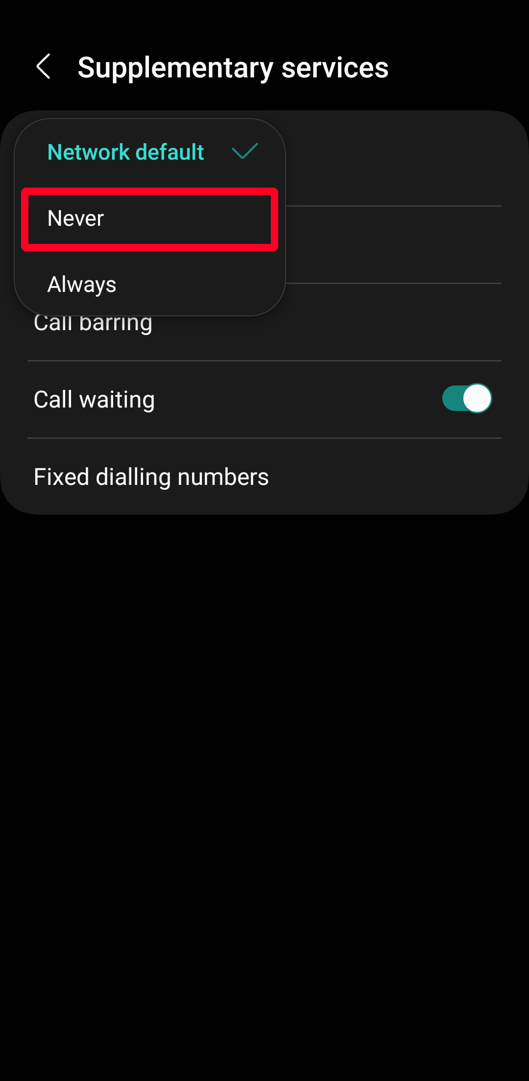 Mengubah pengaturan Show caller ID ke Never di aplikasi Samsung Phone