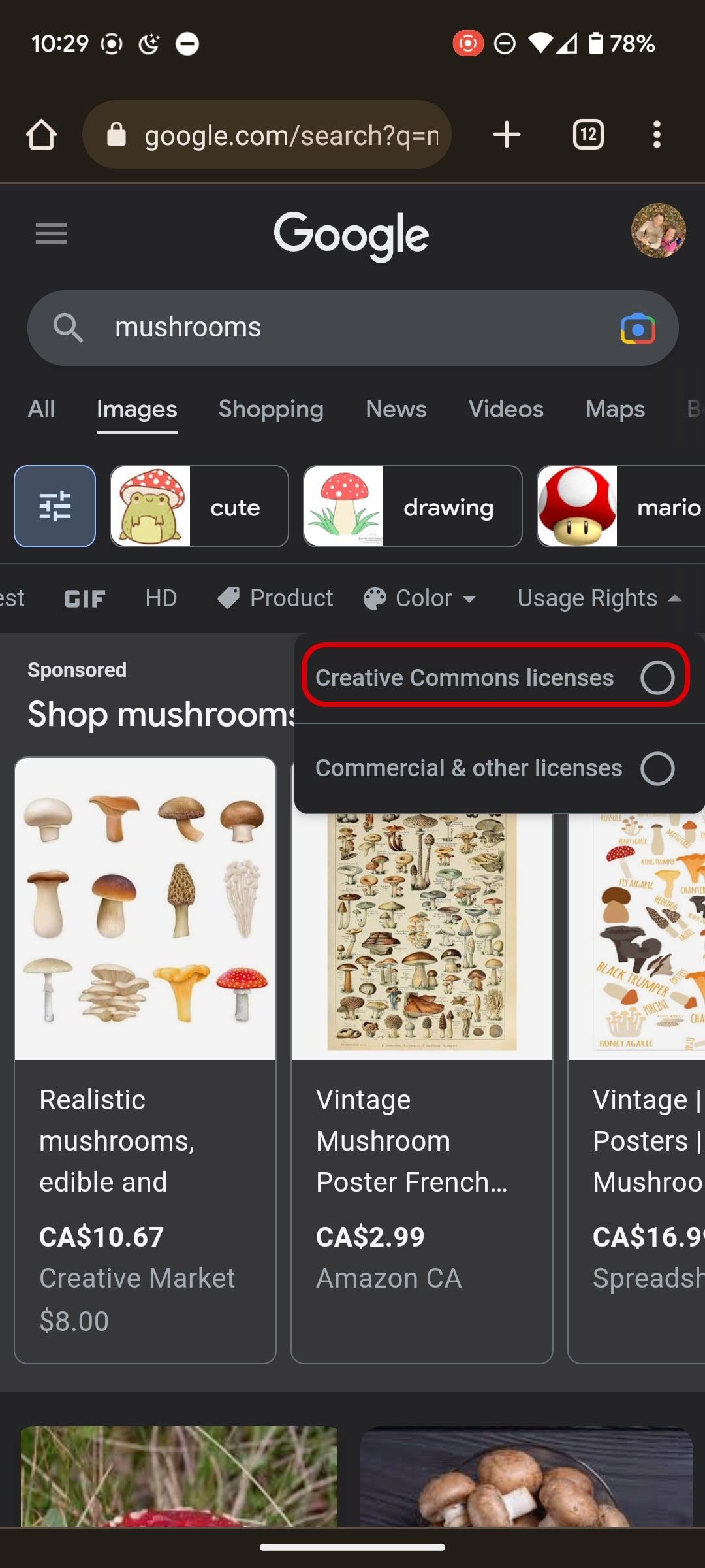 Pilih Creative Commons di Gambar Google untuk seluler.
