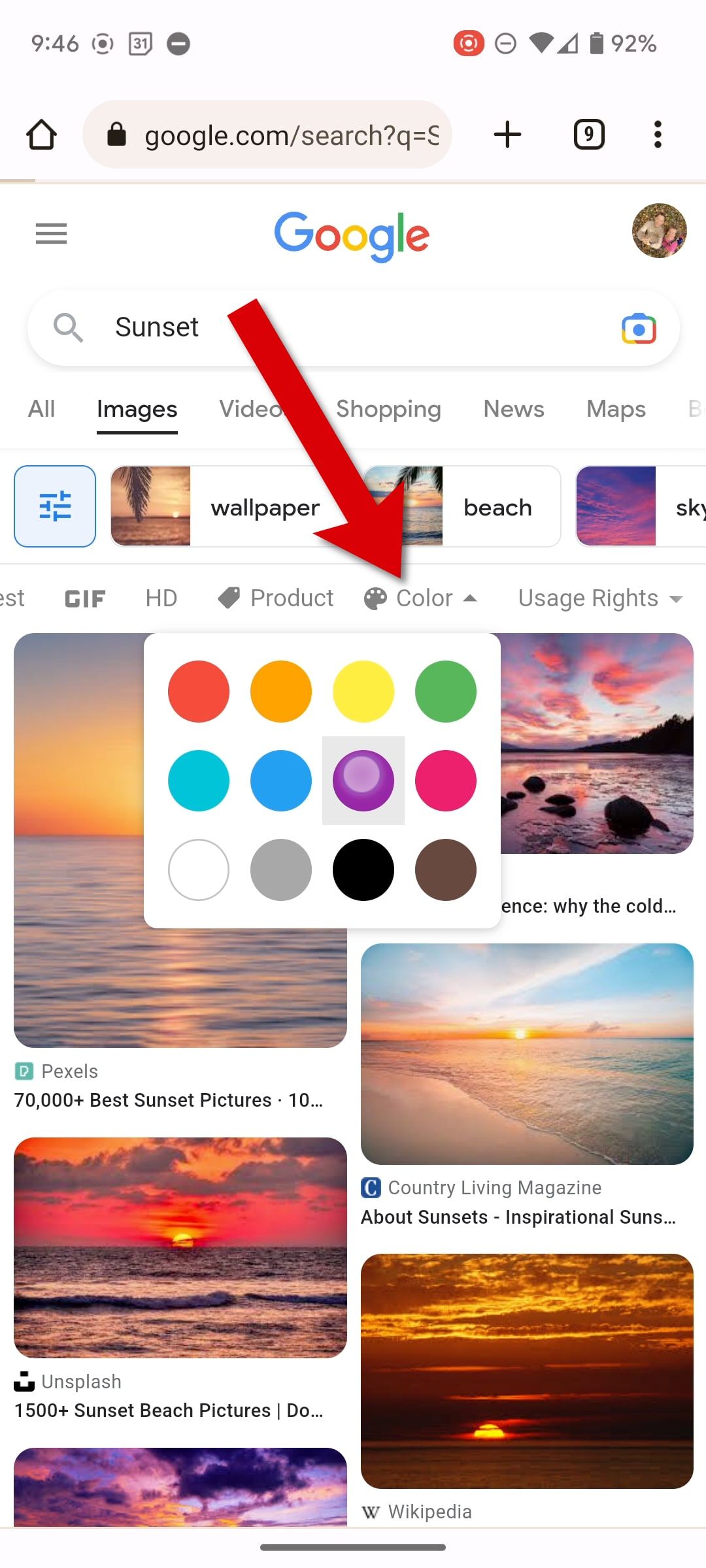 Memilih warna di Gambar Google di seluler.