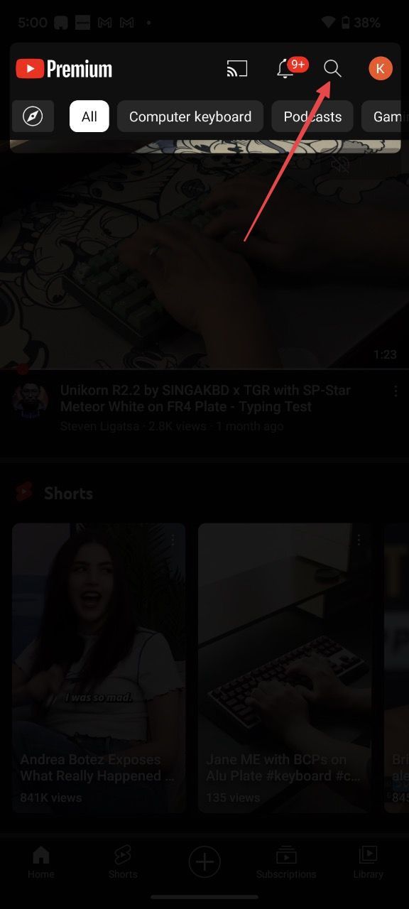 YouTube app home online page marking the quest button