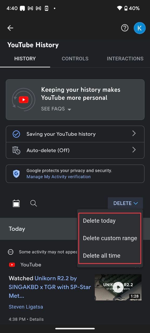 How to clear online search history youtube app