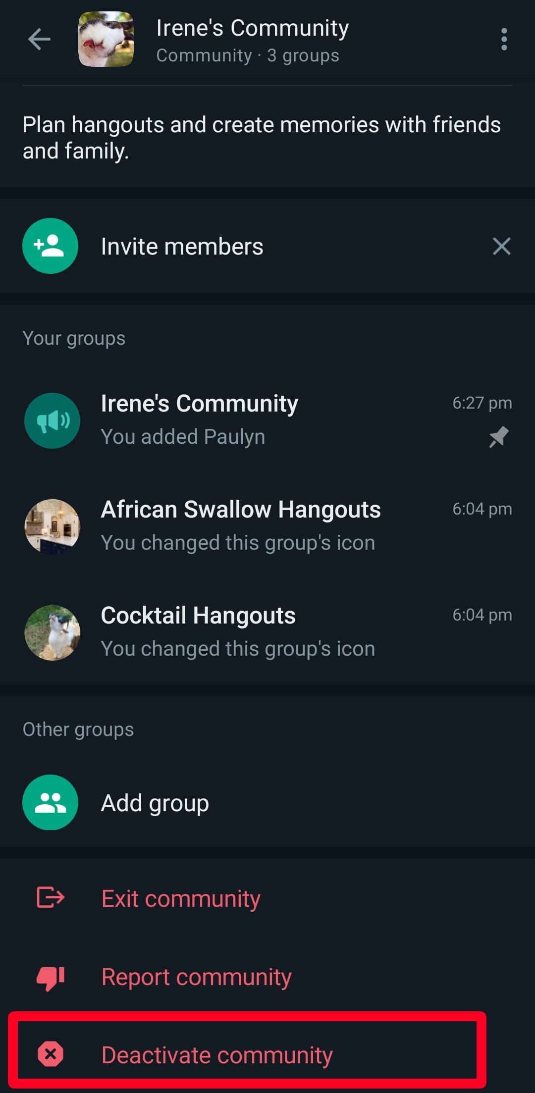deactivate WhatsApp community on Android