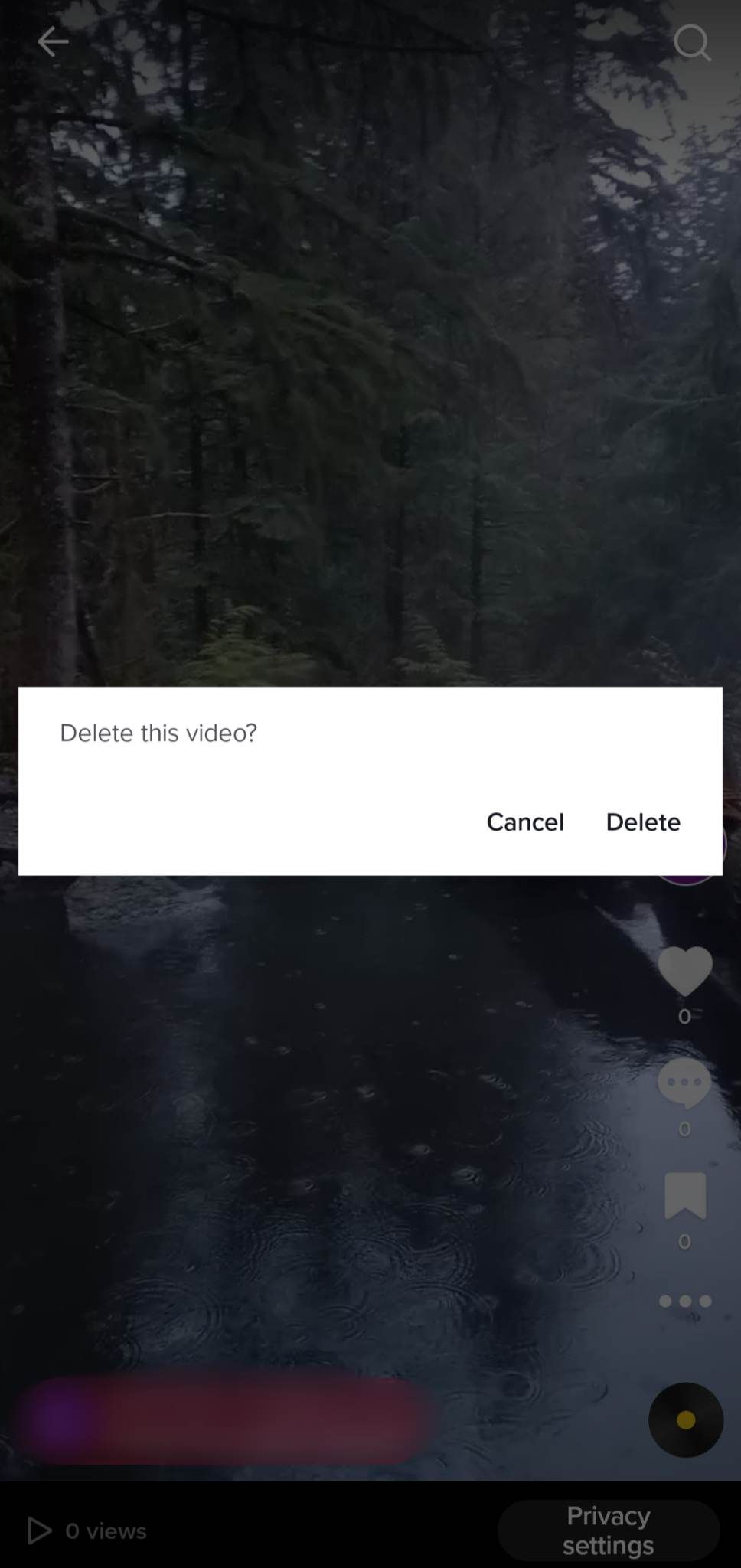 Cuplikan layar menunjukkan sembulan di atas video TikTok dengan opsi untuk mengonfirmasi penghapusan video.