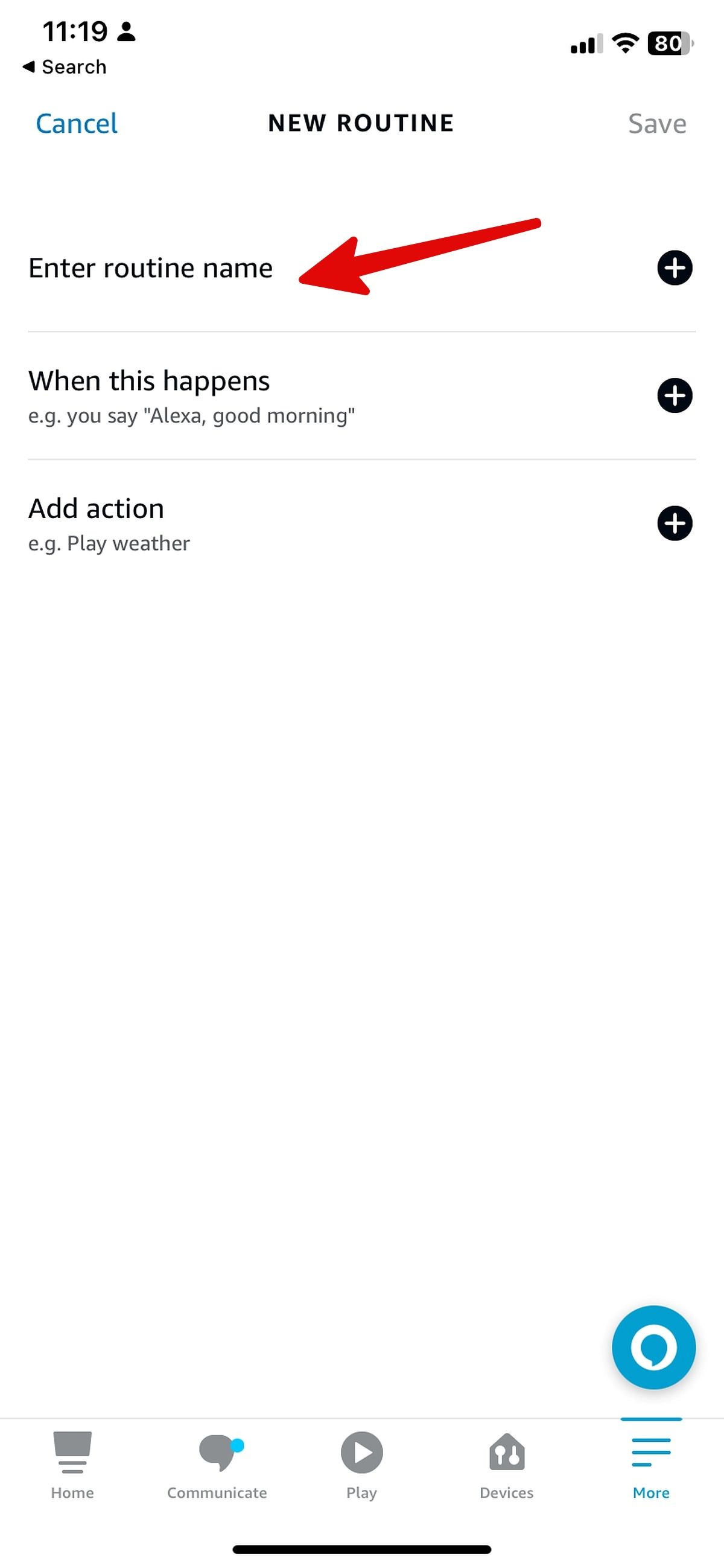 masukkan nama rutin di alexa mobile
