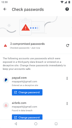 Screenshot showing check passwords tool in Chrome, with direct URLs to change your password for your compromised accounts