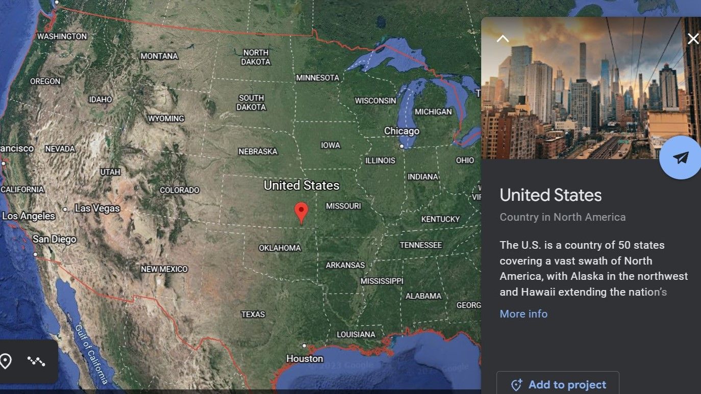 A default view of the US in Google Earth for desktop