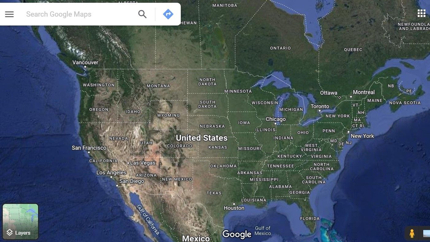 The default satellite view for Google Maps desktop version in the US