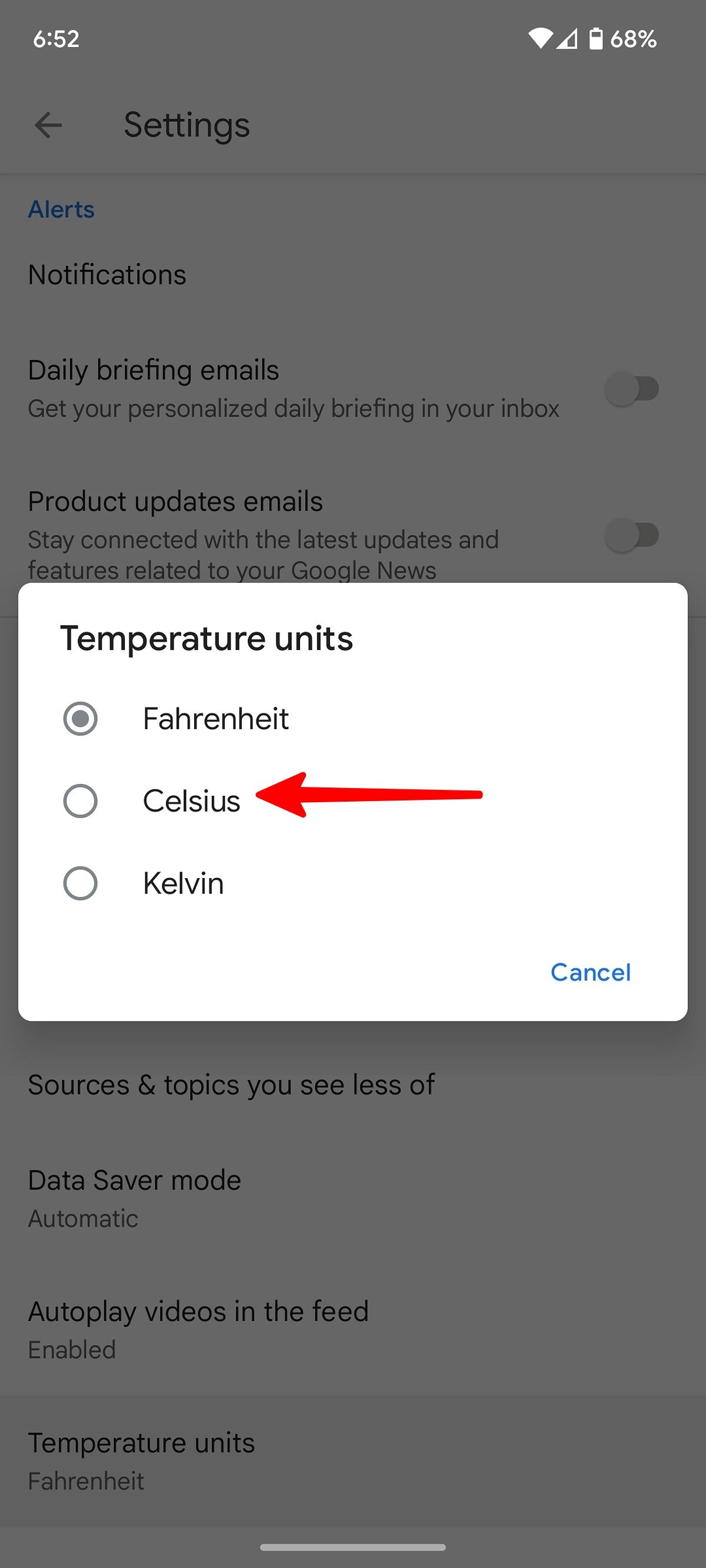 change temperature unit in google news