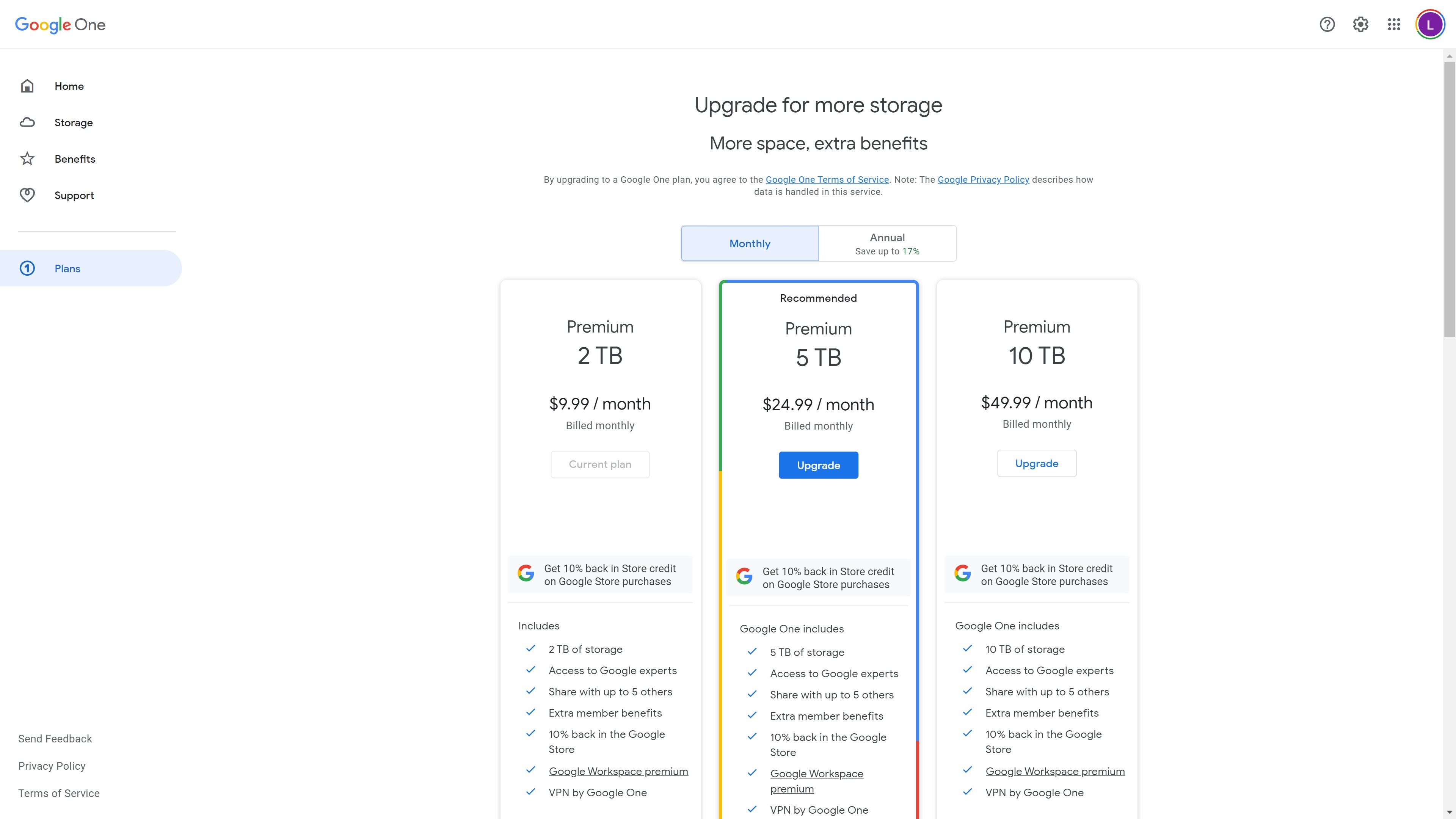 Screenshot of the upgrades page on the Google One website.