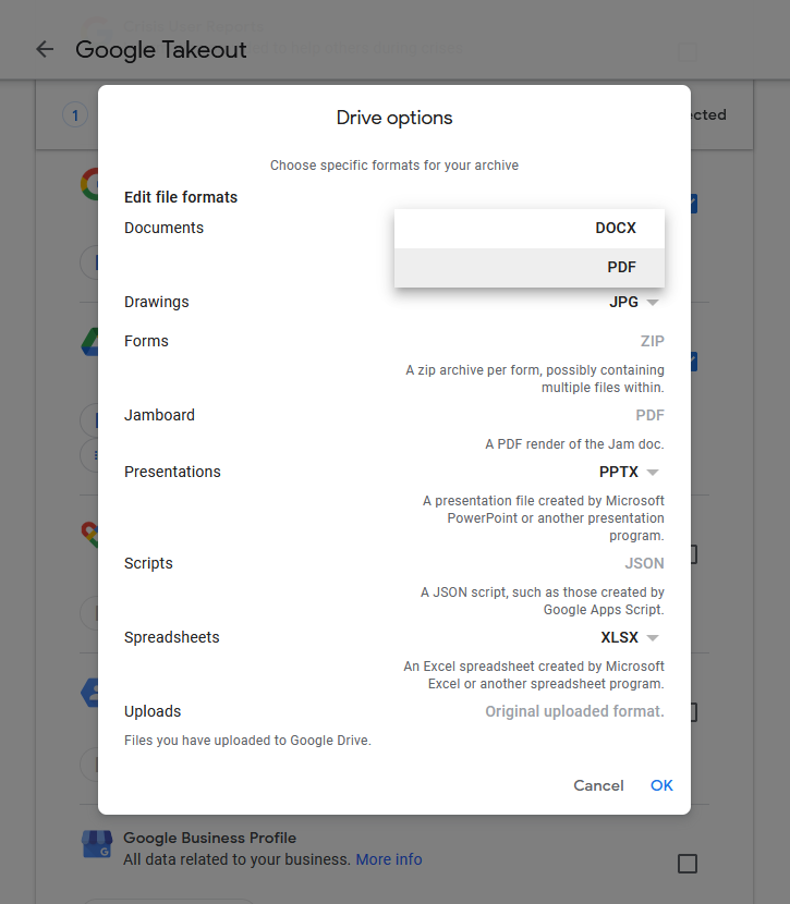 Format ekspor untuk Google Takeout yang tersedia untuk Google Drive