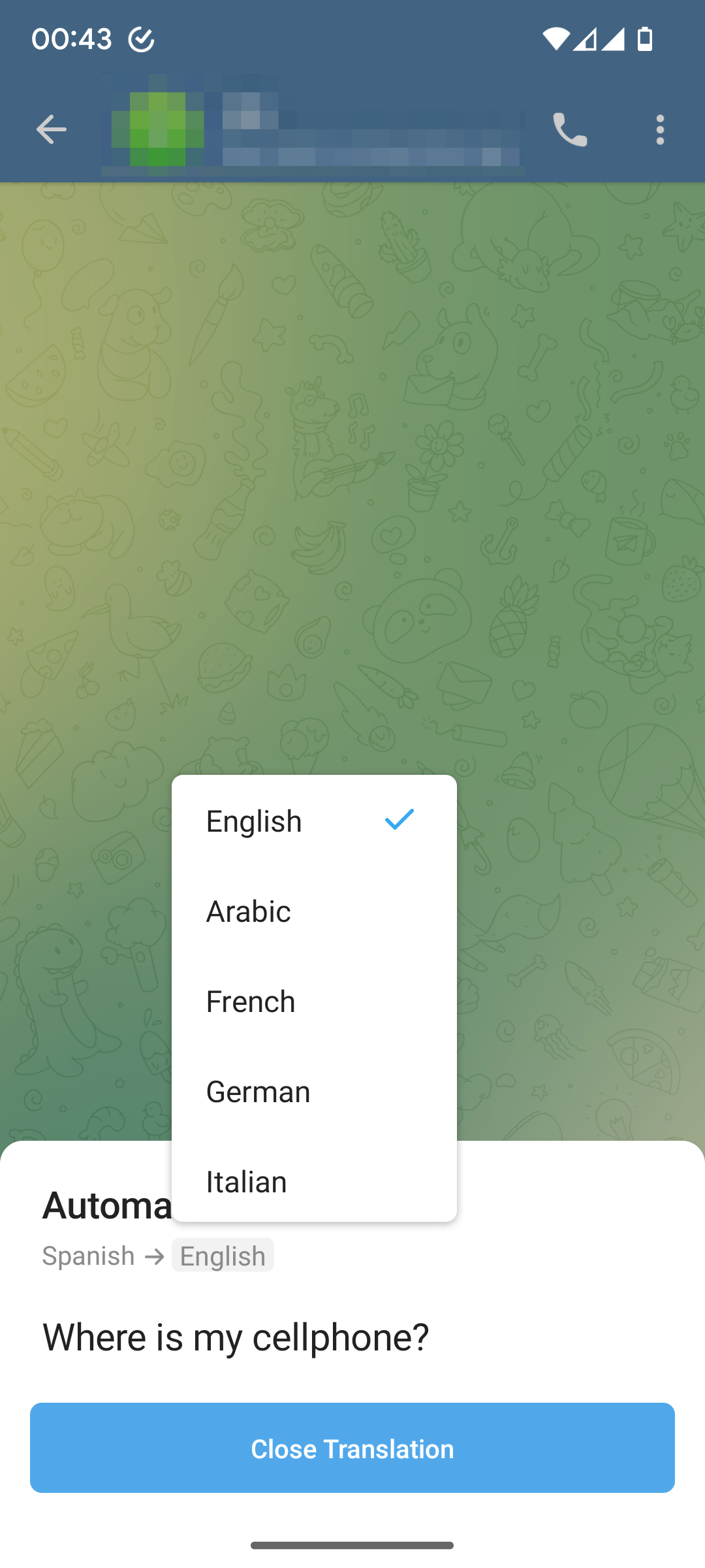 Pemilih bahasa terjemahan Telegram dari jendela obrolan