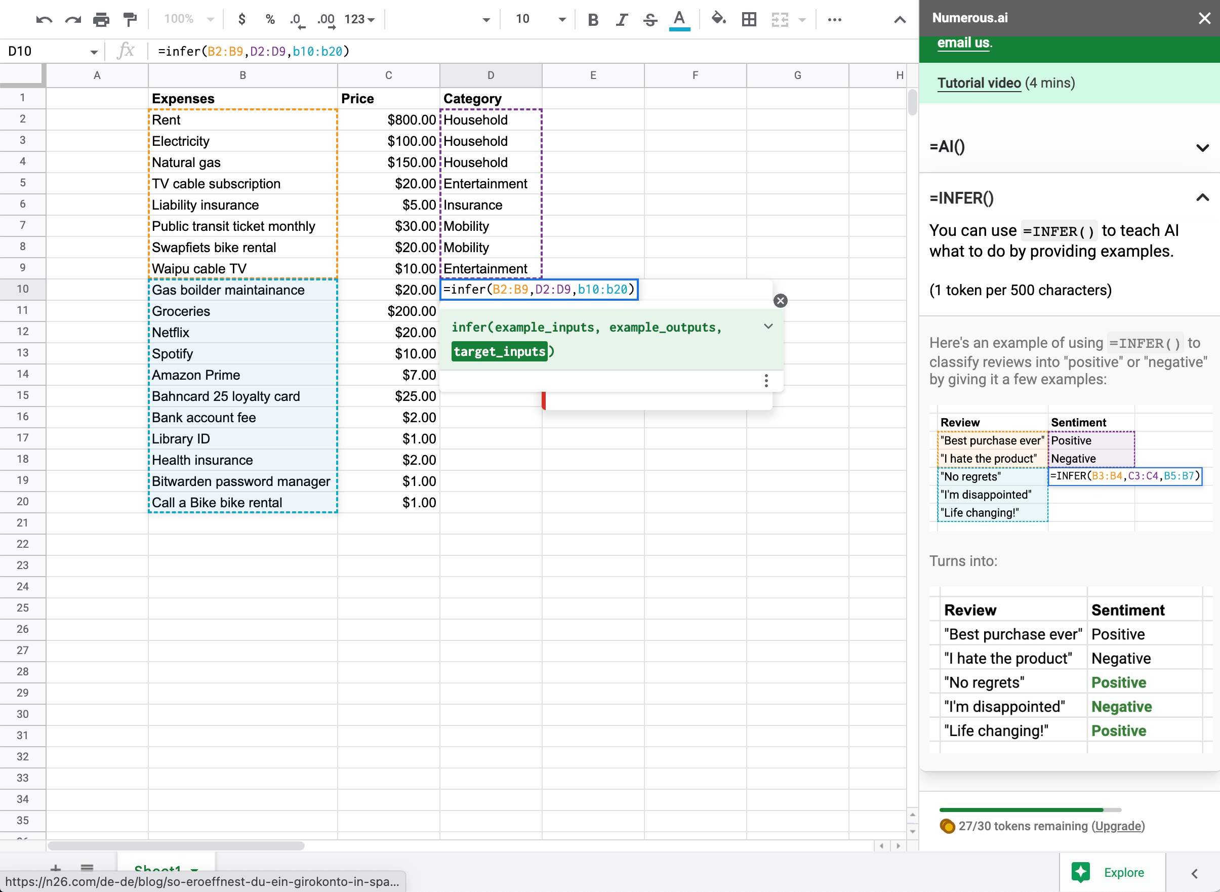 Adding categories to Google Sheets