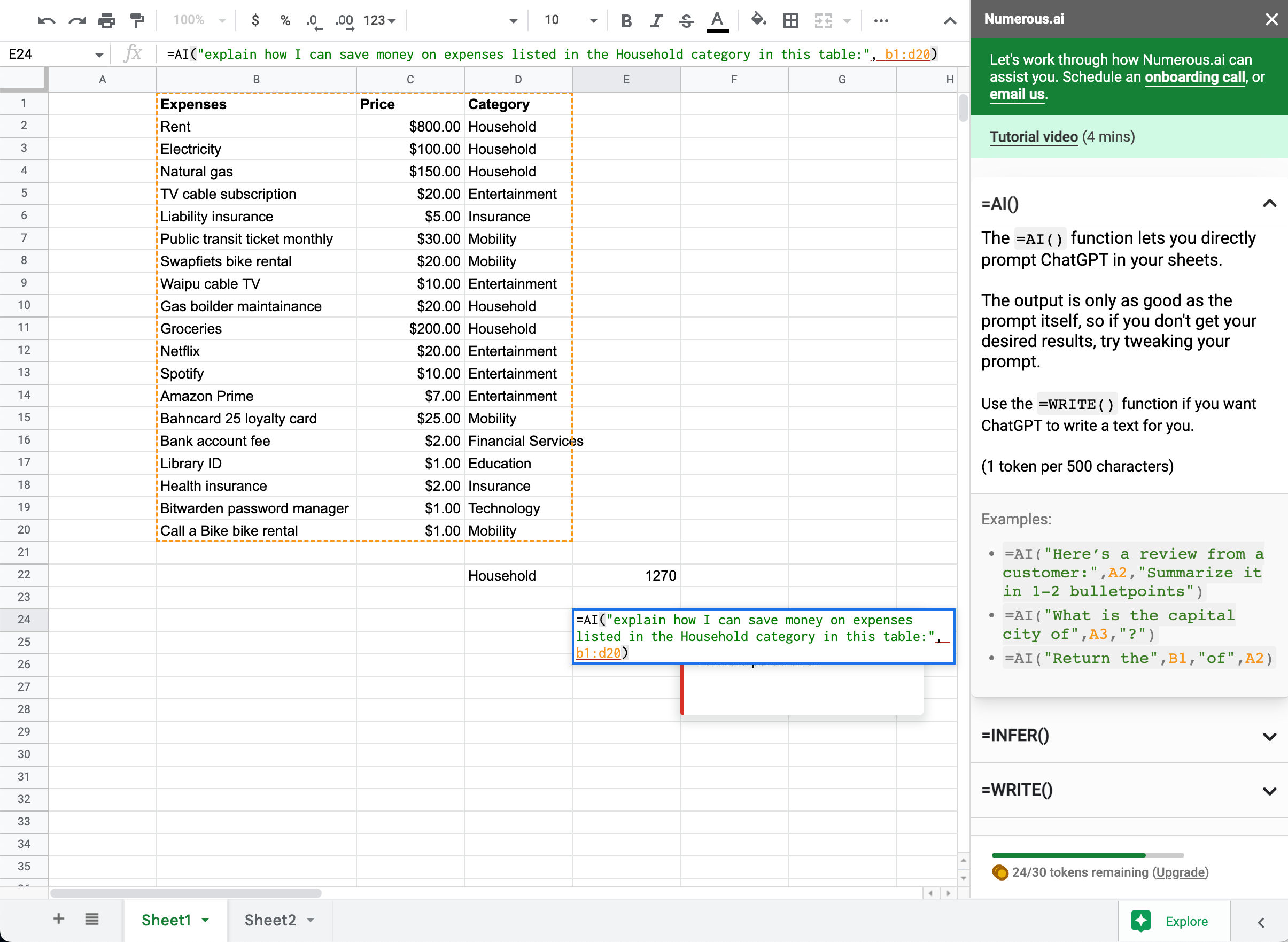 The results after creating a query