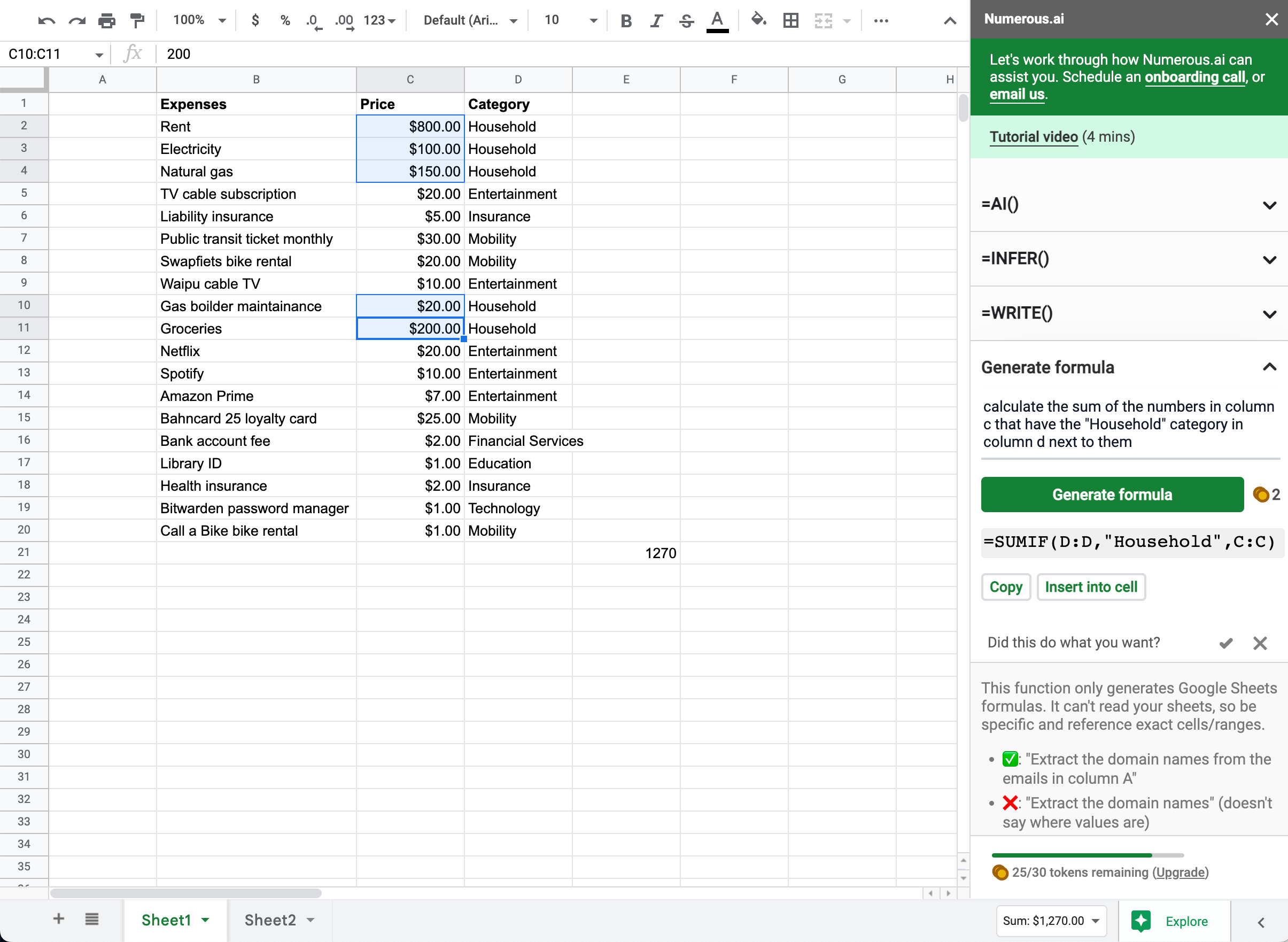 Using the formula generation tool to calculate the sum of the numbers in column 