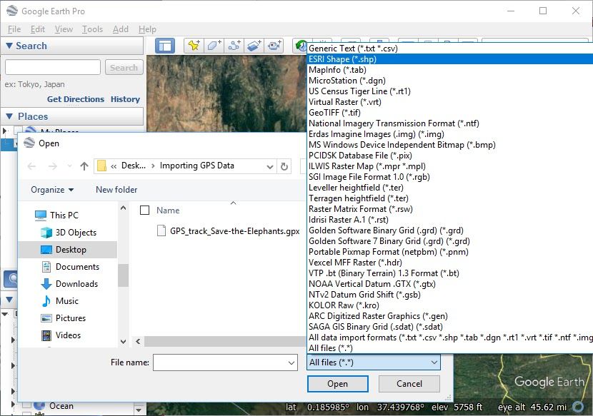 Several file import windows over Google Earth's desktop app.