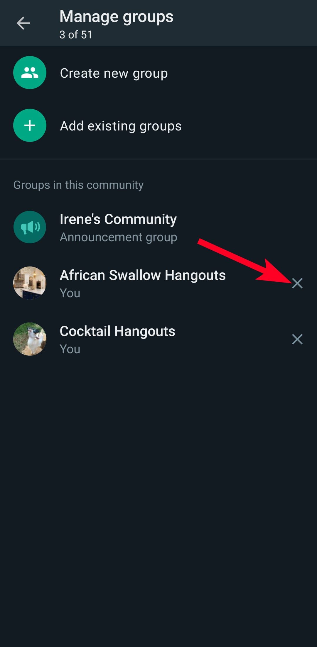 Manage groups menu in WhatsApp community on Android