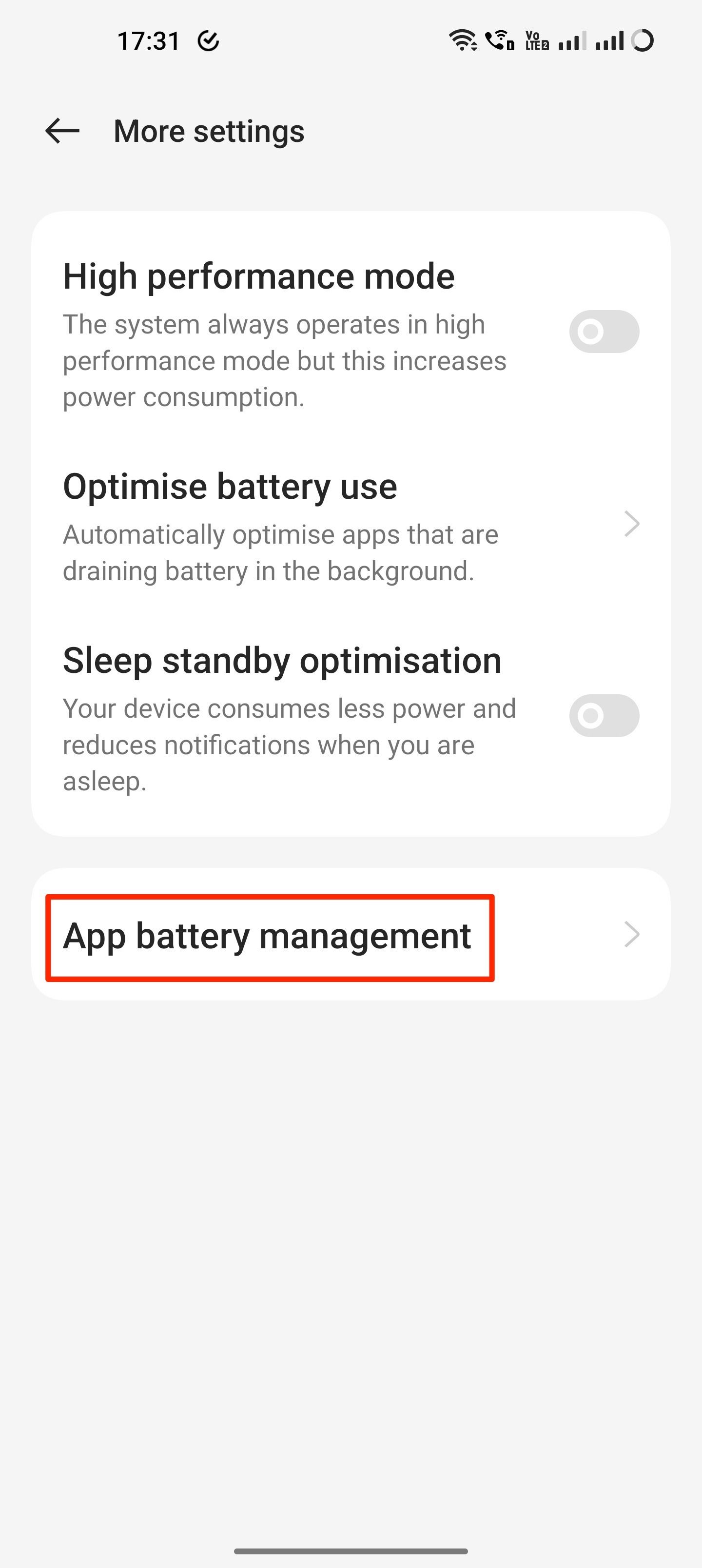 Halaman manajemen baterai aplikasi OnePlus 11 OxygenOS 13