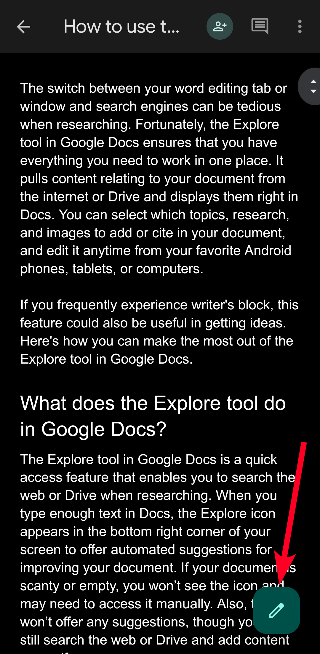 Tombol pena untuk memasuki mode Pengeditan di aplikasi seluler Google Dokumen