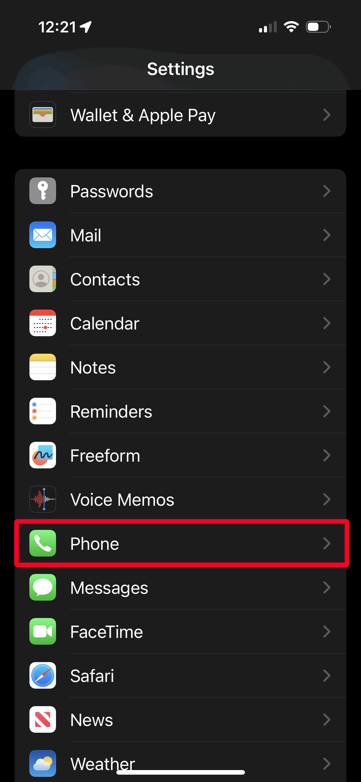 Opsi telepon di menu Pengaturan iPhone