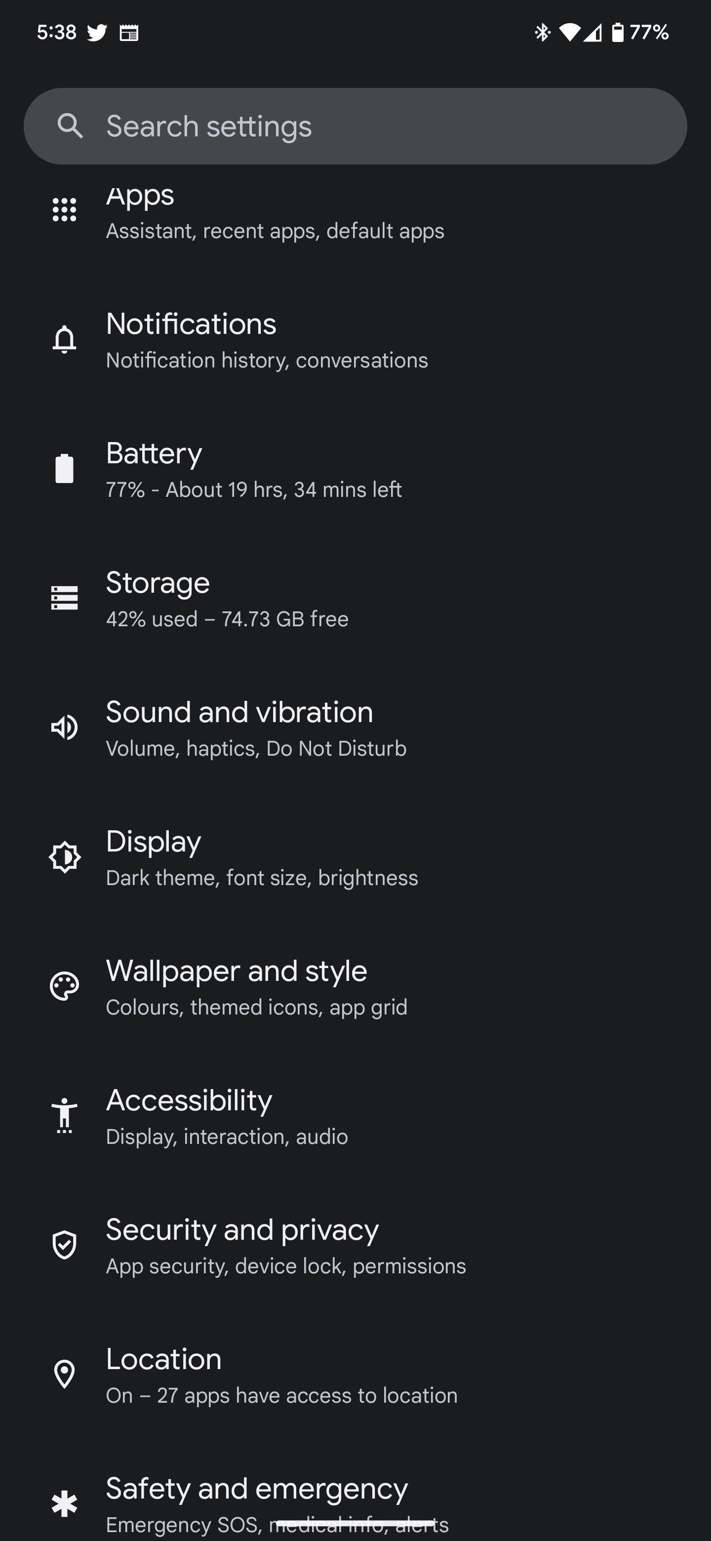 Google Pixel settings menu