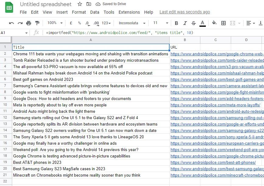 Scraped data from an RSS feed displayed in Google Sheets