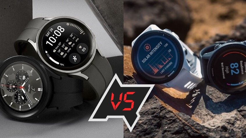 A picture of the Samsung Galaxy Watch 5 Pro and Garmin Forerunner 955