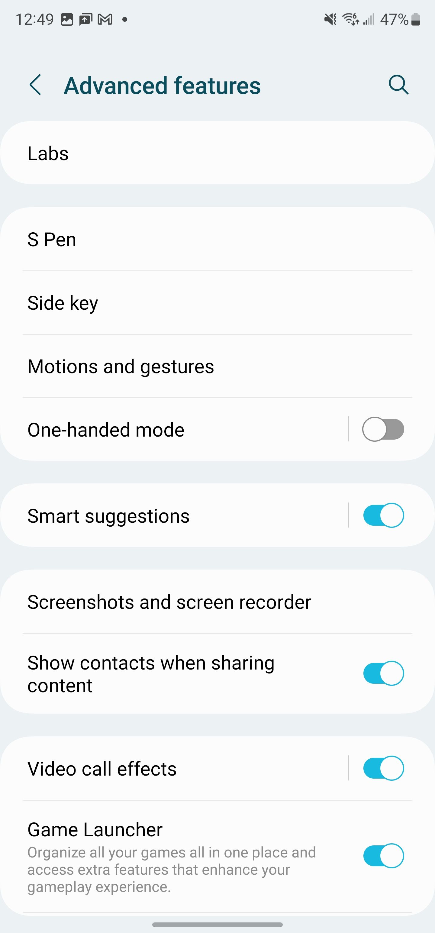 Samsung One UI 5.1 Advanced features menu