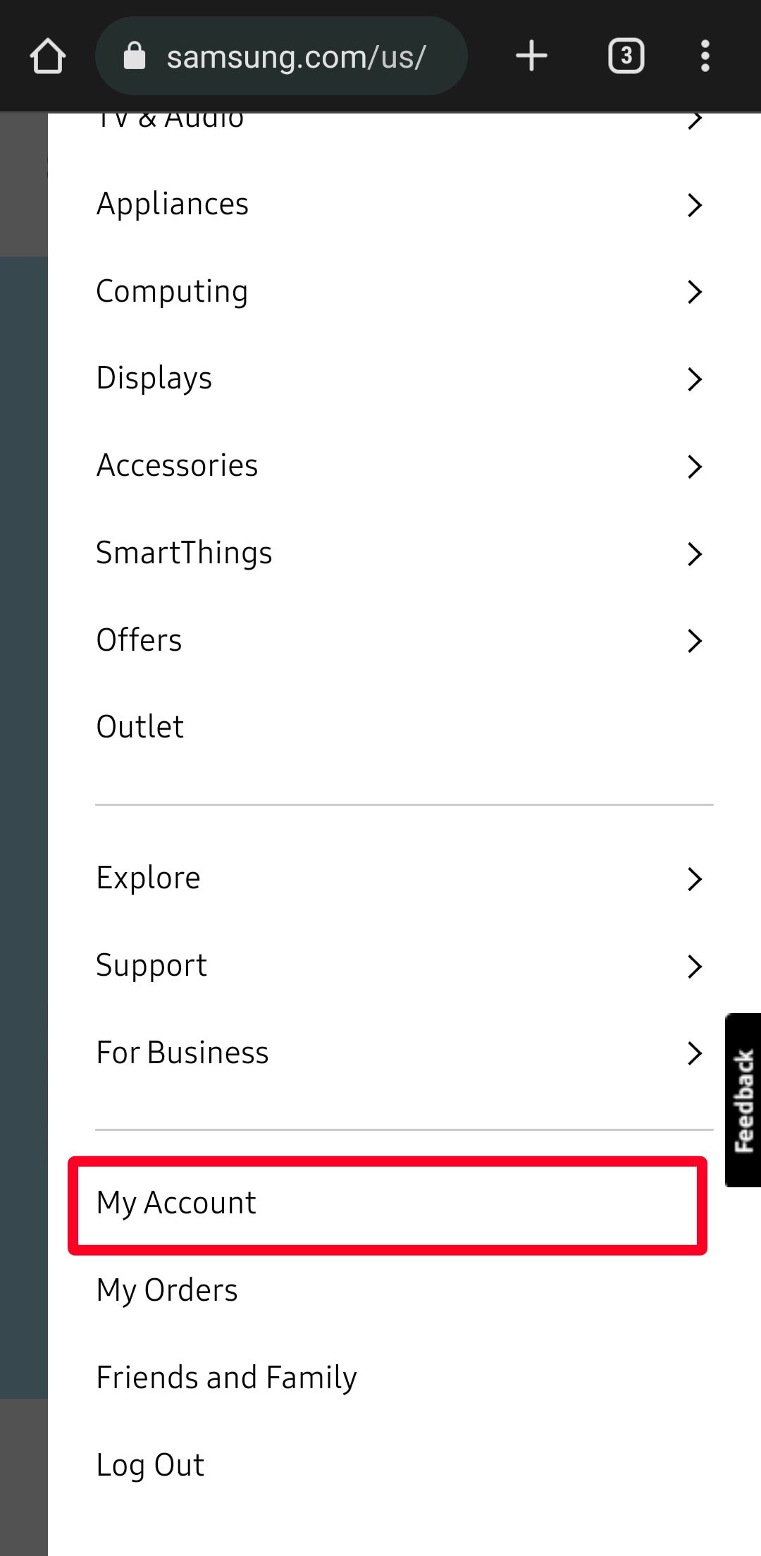 Opsi menu situs web Samsung di ponsel pintar