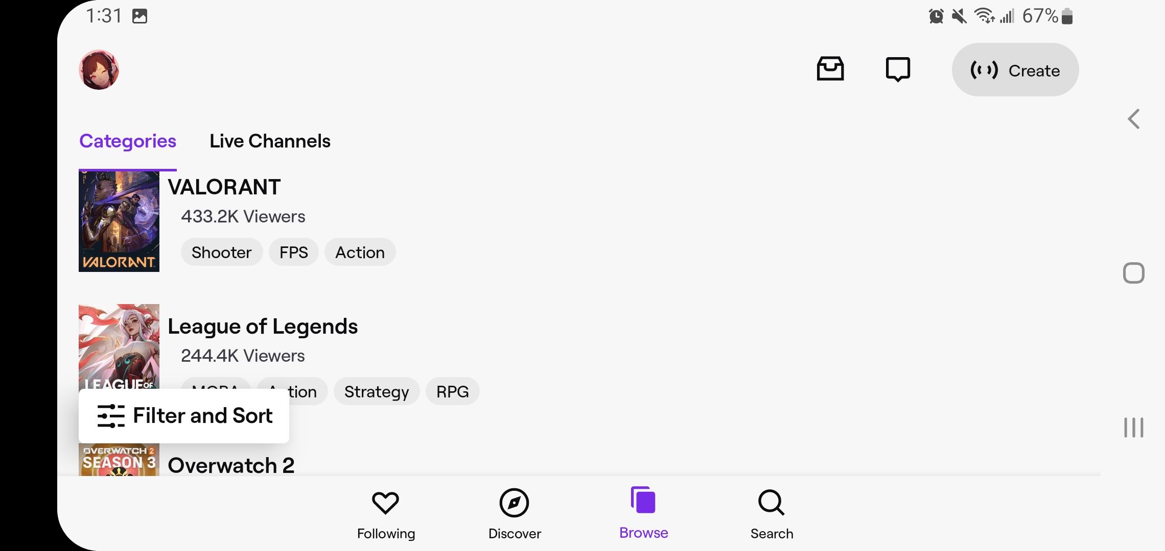 Cuplikan layar kategori di aplikasi seluler Twitch