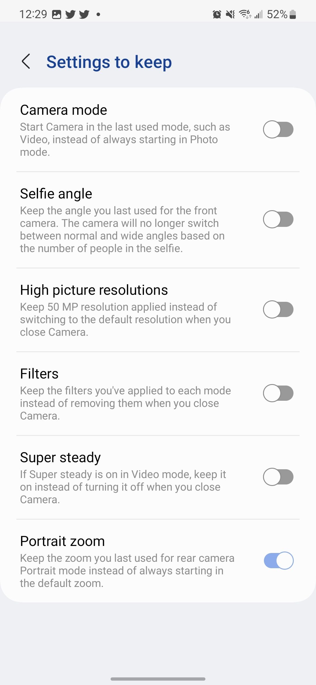 Halaman Settings to keep ditampilkan di aplikasi kamera One UI