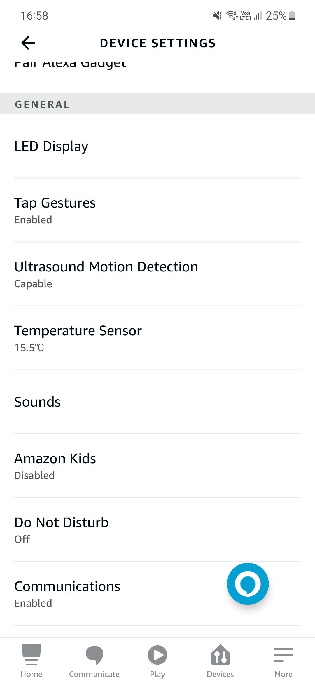Uma captura de tela do aplicativo Amazon Alexa mostrando as configurações do alto-falante Echo Dot