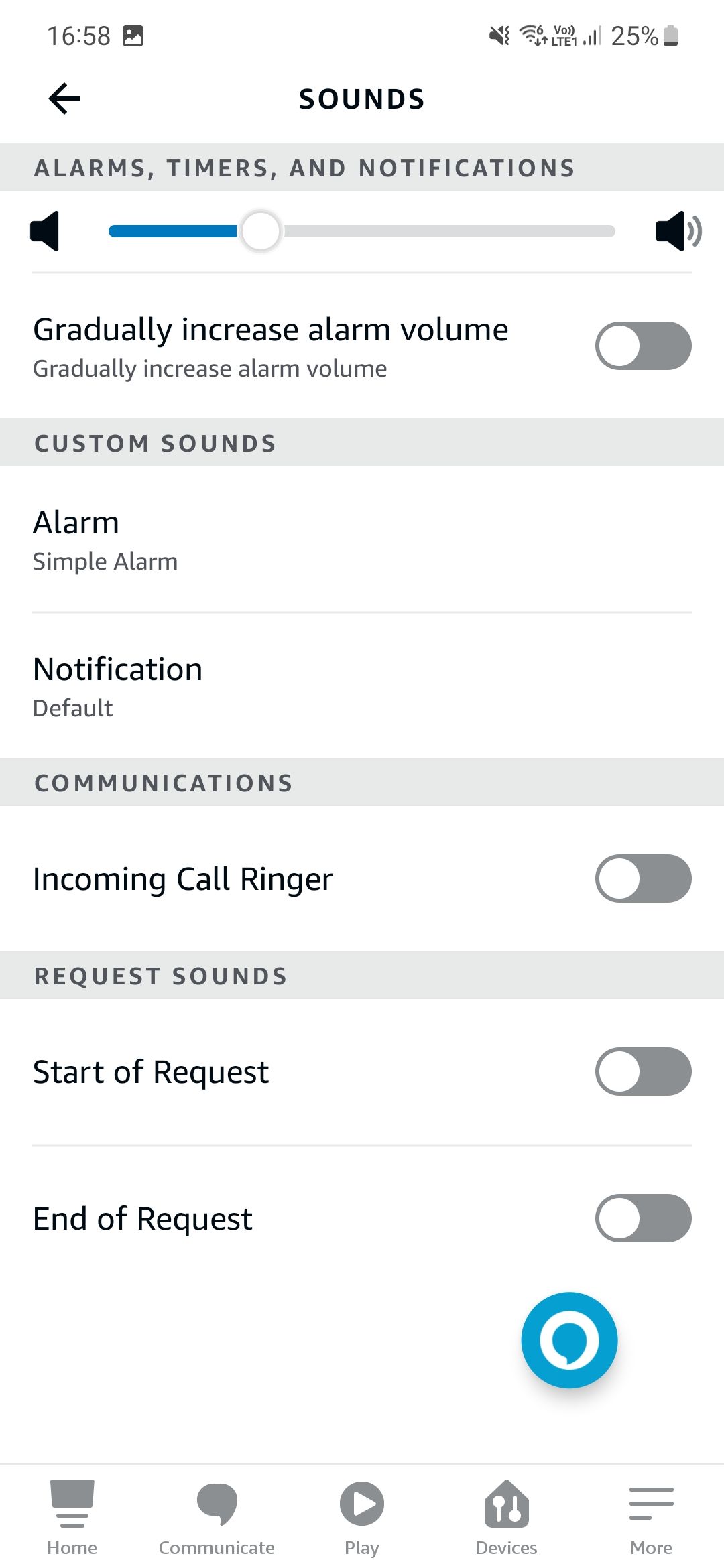 Uma captura de tela do aplicativo Amazon Alexa mostrando as configurações de som de notificação