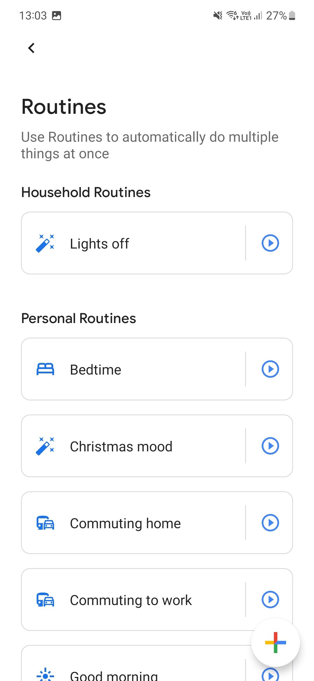 A screenshot showing the routines in Google Home