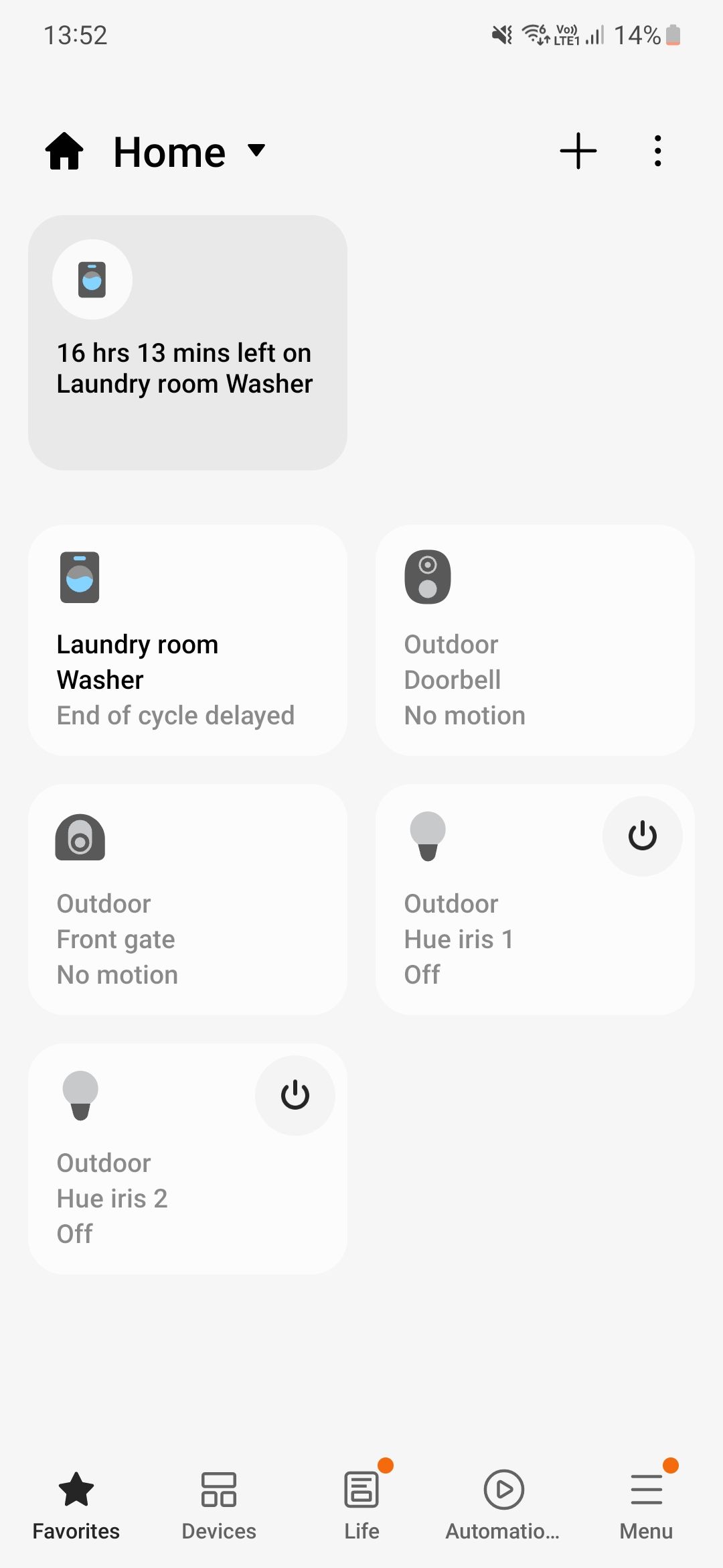 A screenshot showing the favorite devices in SmartThings