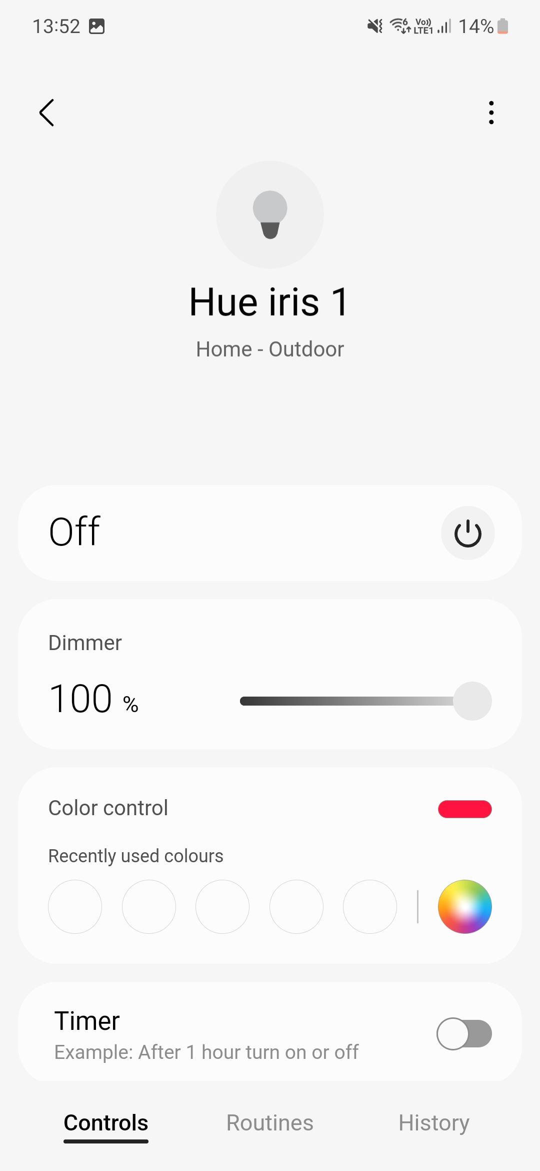 A screenshot showing the lights controls in SmartThings
