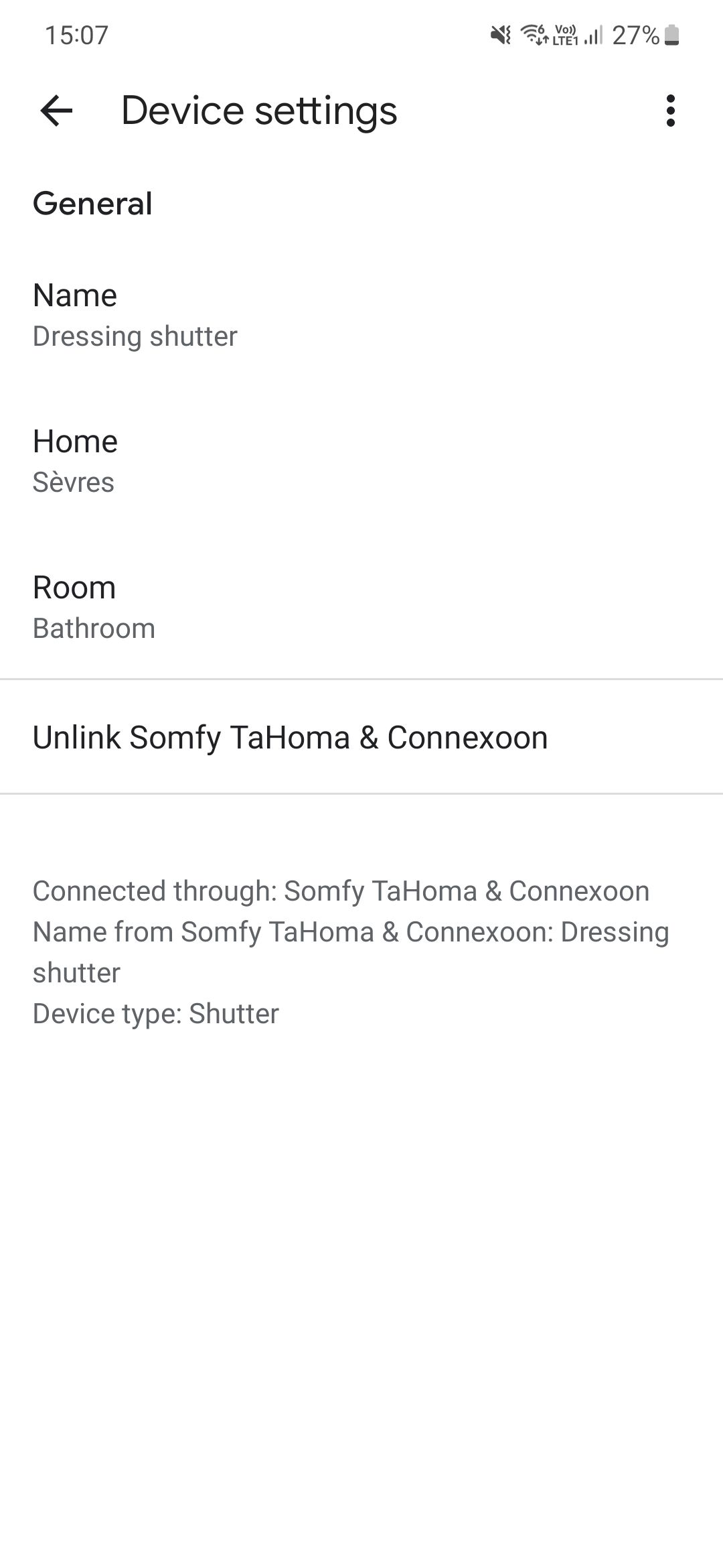 A screenshot showing the shutter controls in Google Home