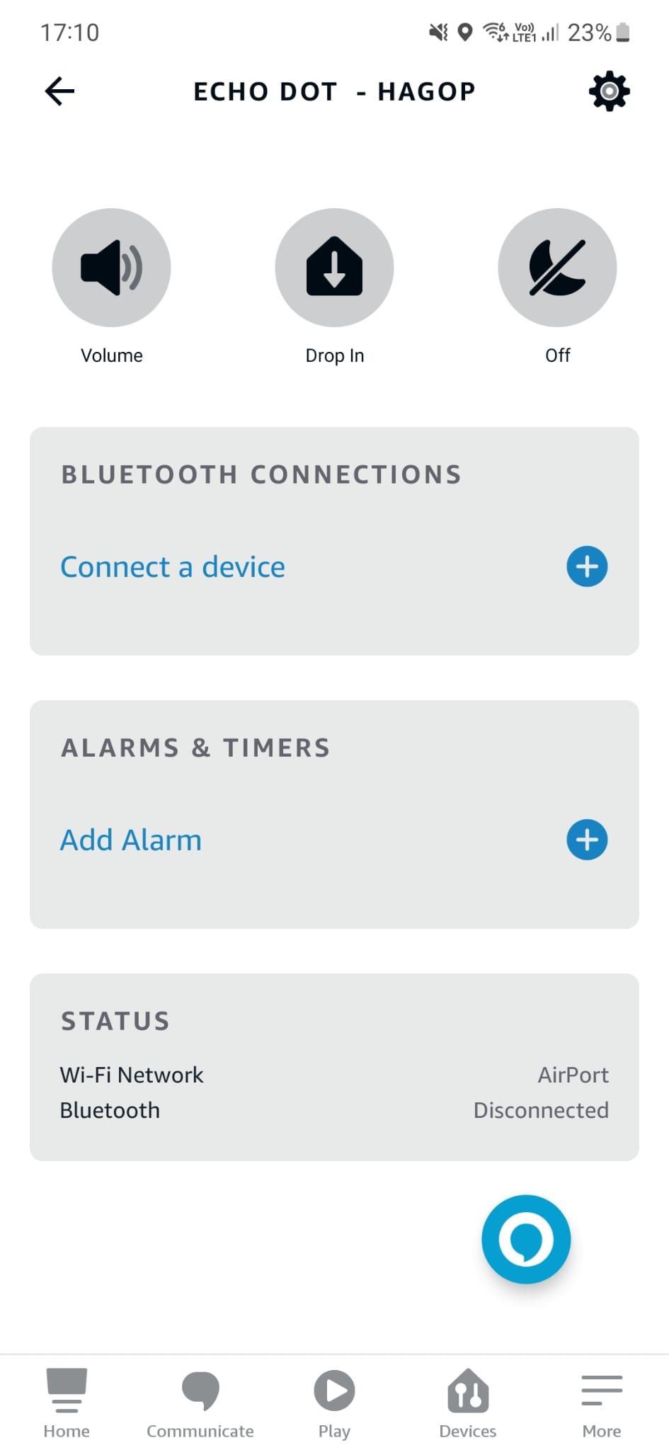 Uma captura de tela do aplicativo Amazon Alexa mostrando as configurações do dispositivo Echo
