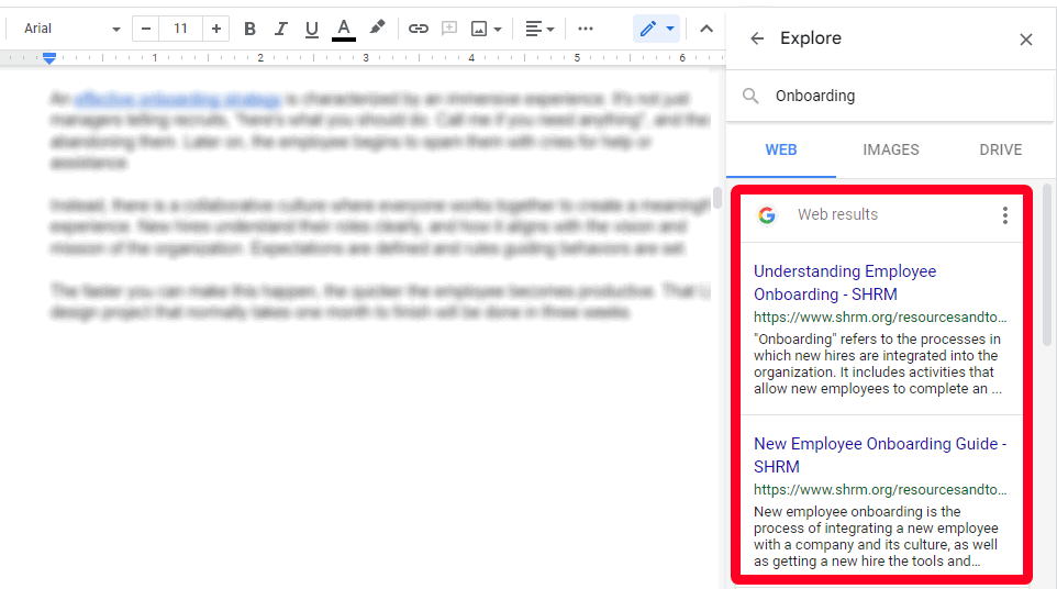 Hasil penelusuran untuk orientasi kata kunci di alat Google Docs Explore