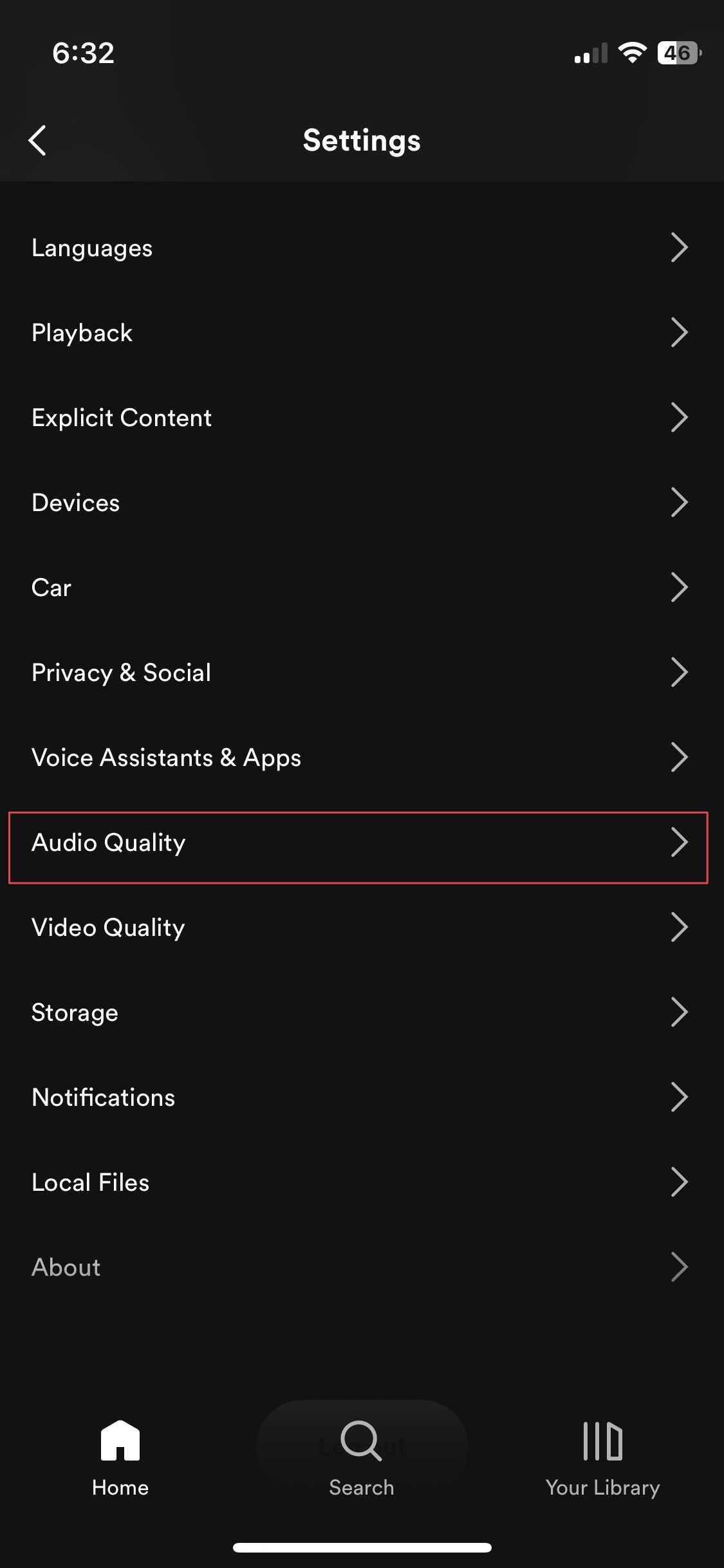 Spotify iPhone app settings page showing audio quality option