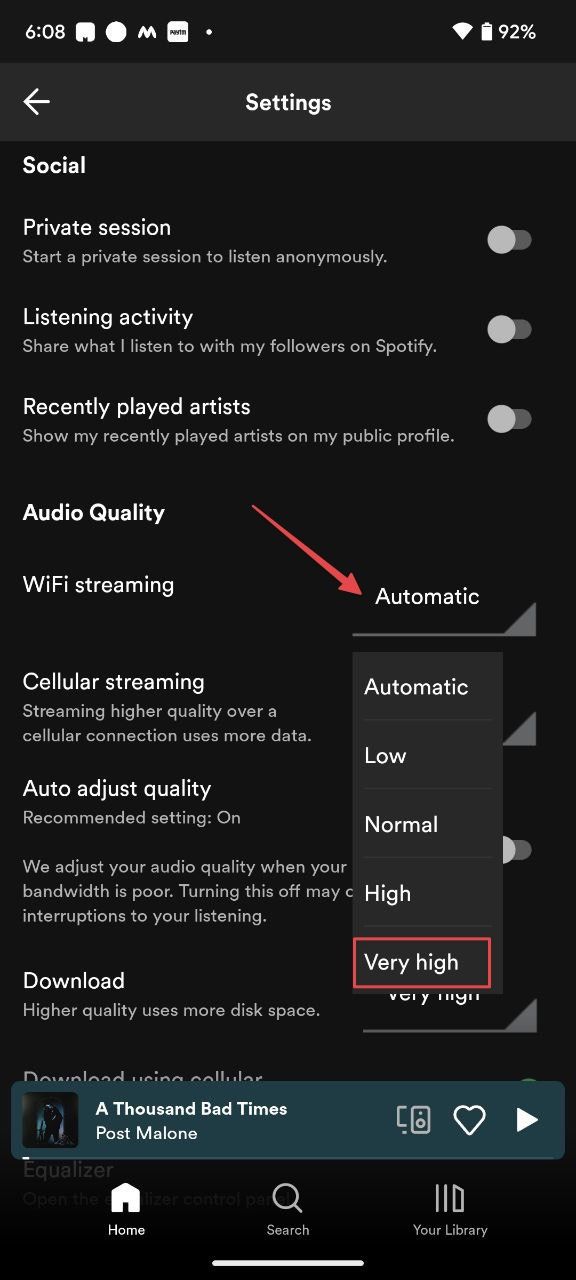 Halaman pengaturan aplikasi Android Spotify menampilkan opsi kualitas audio