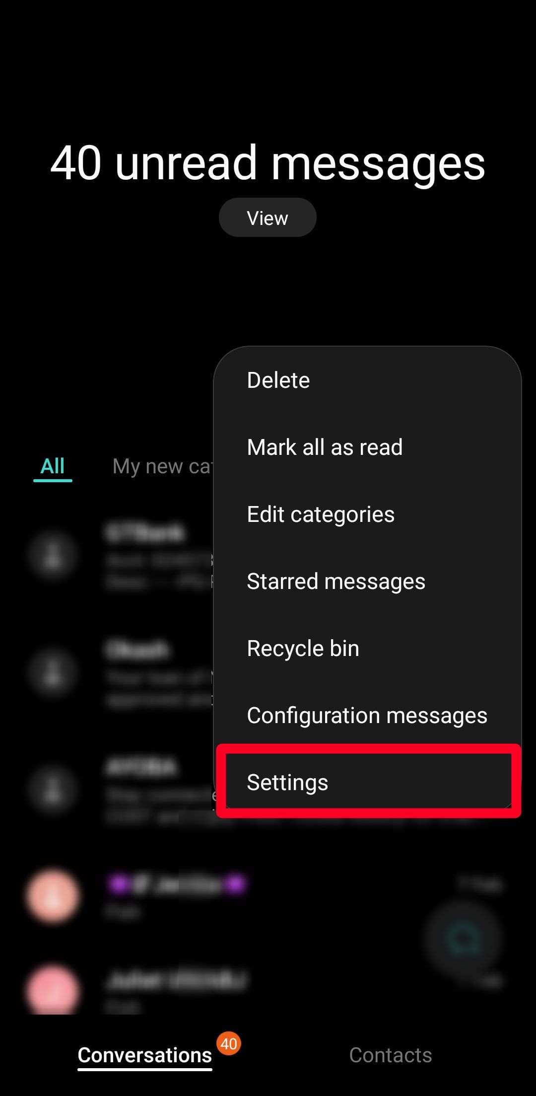Opsi pengaturan di menu aplikasi Samsung Messages